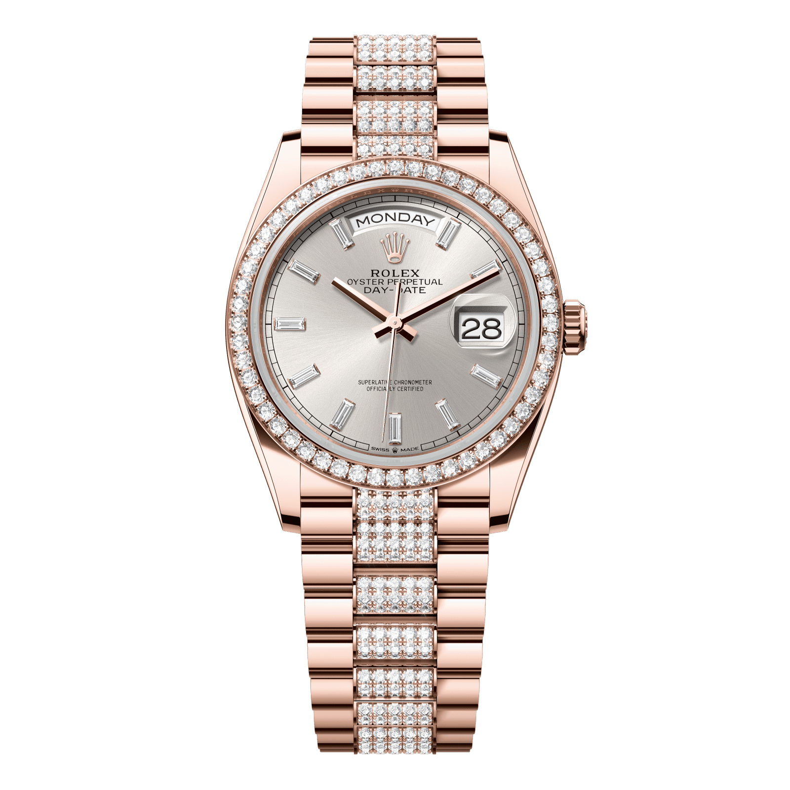 Rolex Day-Date 36 36 mm Silver Set With Diamonds Dial 18 kt Everose Gold President Bracelet 128345rbr-0082 - WATCHXNYC