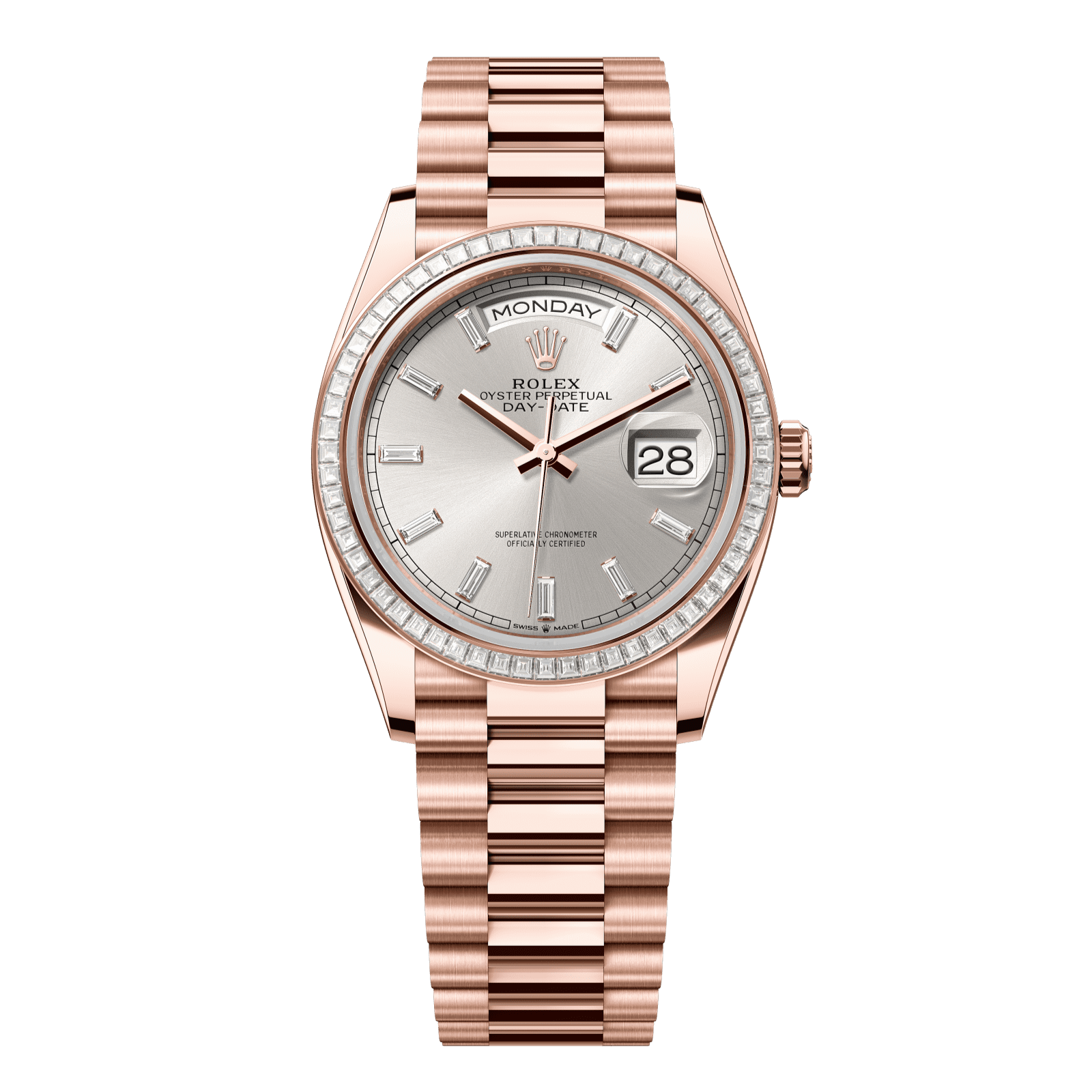 Rolex Day-Date 36 36 mm Silver Set With Diamonds Dial 18 kt Everose Gold President Bracelet 128395tbr-0030 - WATCHXNYC