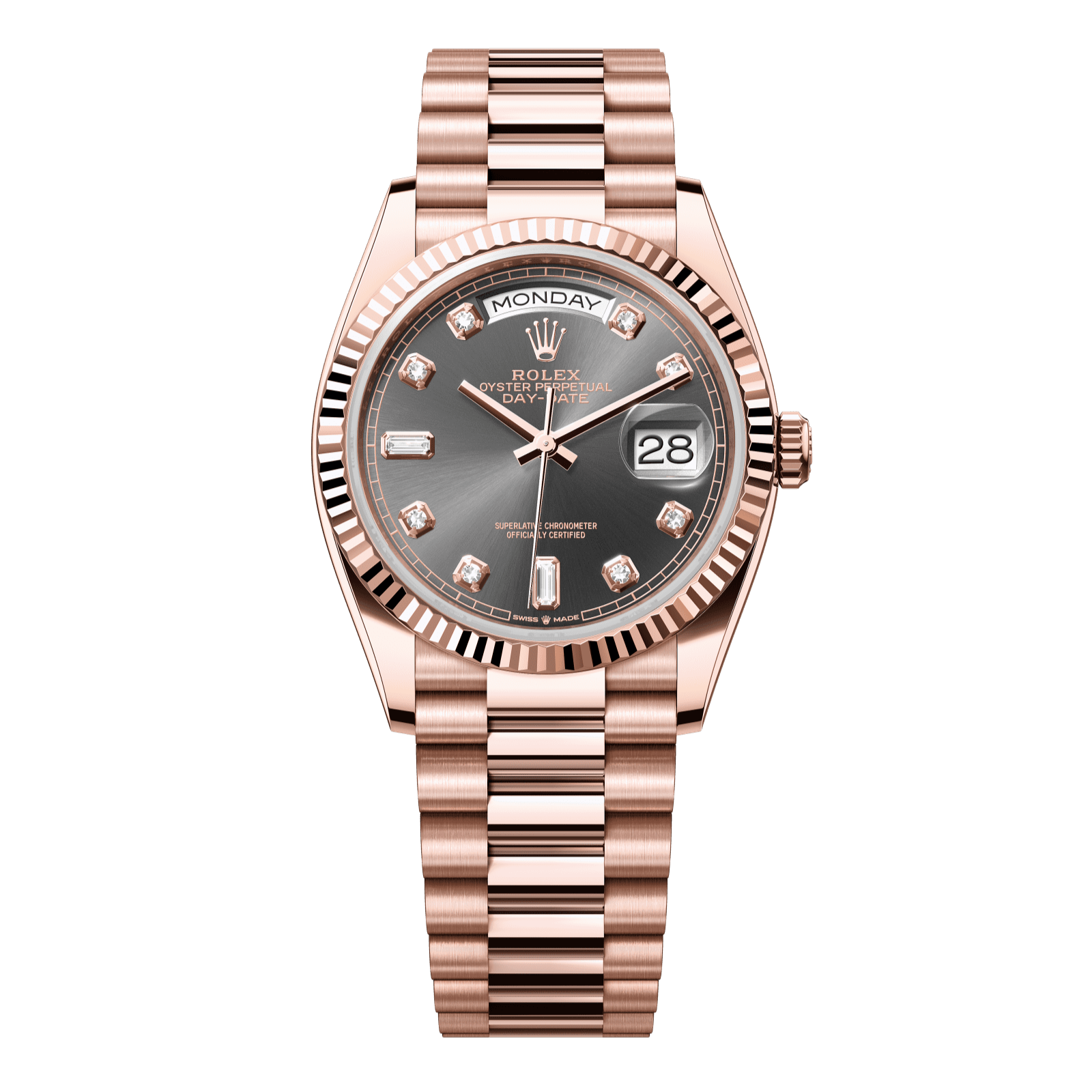 Rolex Day-Date 36 36 mm Slate Set With Diamonds Dial 18 kt Everose Gold President Bracelet 128235-0050 - WATCHXNYC