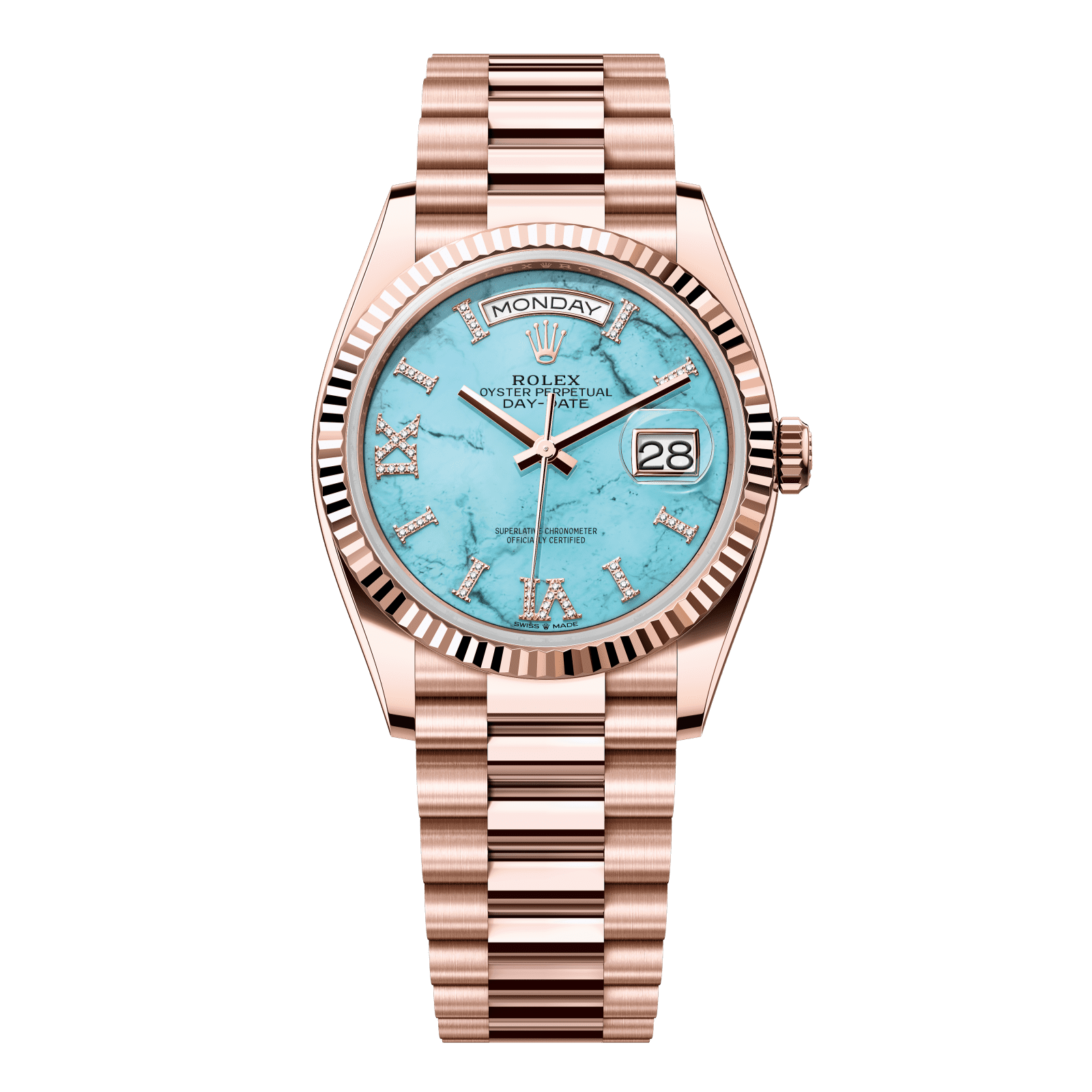 Rolex Day-Date 36 36 mm Turquoise Set With Diamonds Dial 18 kt Everose Gold President Bracelet 128235-0064 - WATCHXNYC