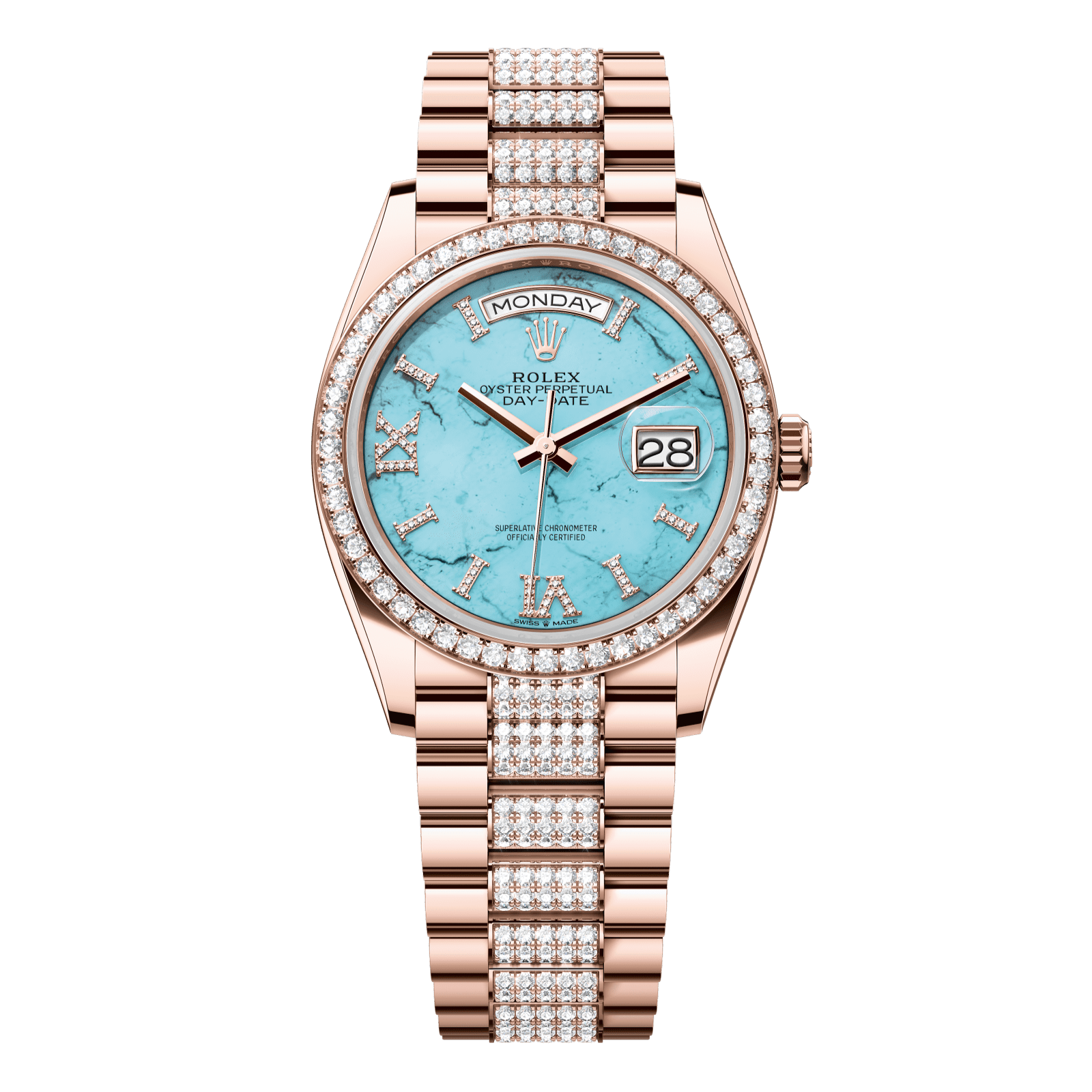 Rolex Day-Date 36 36 mm Turquoise Set With Diamonds Dial 18 kt Everose Gold President Bracelet 128345rbr-0065 - WATCHXNYC