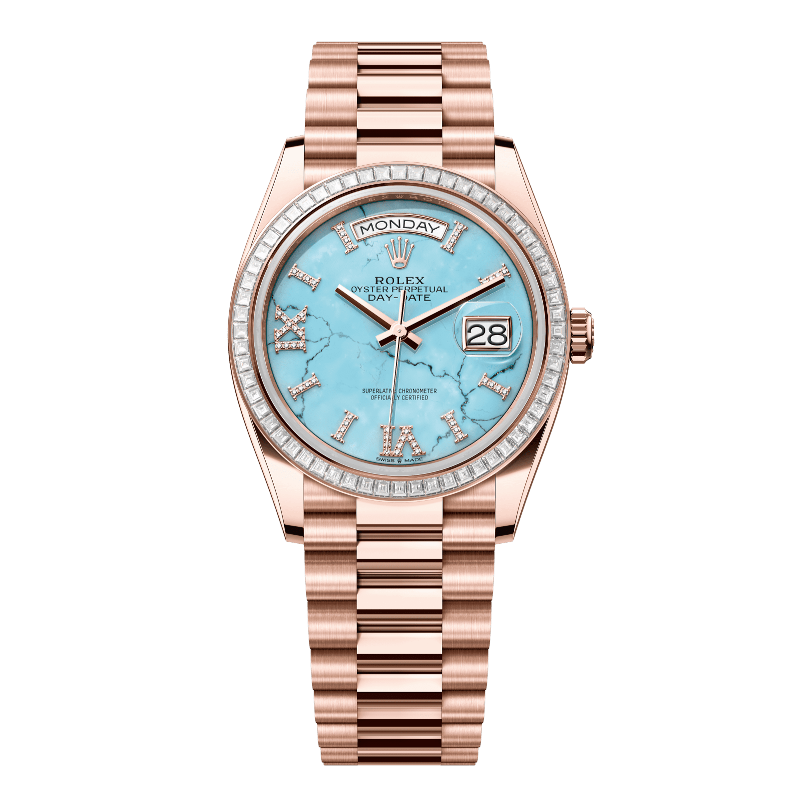 Rolex Day-Date 36 36 mm Turquoise Set With Diamonds Dial 18 kt Everose Gold President Bracelet 128395tbr-0018 - WATCHXNYC
