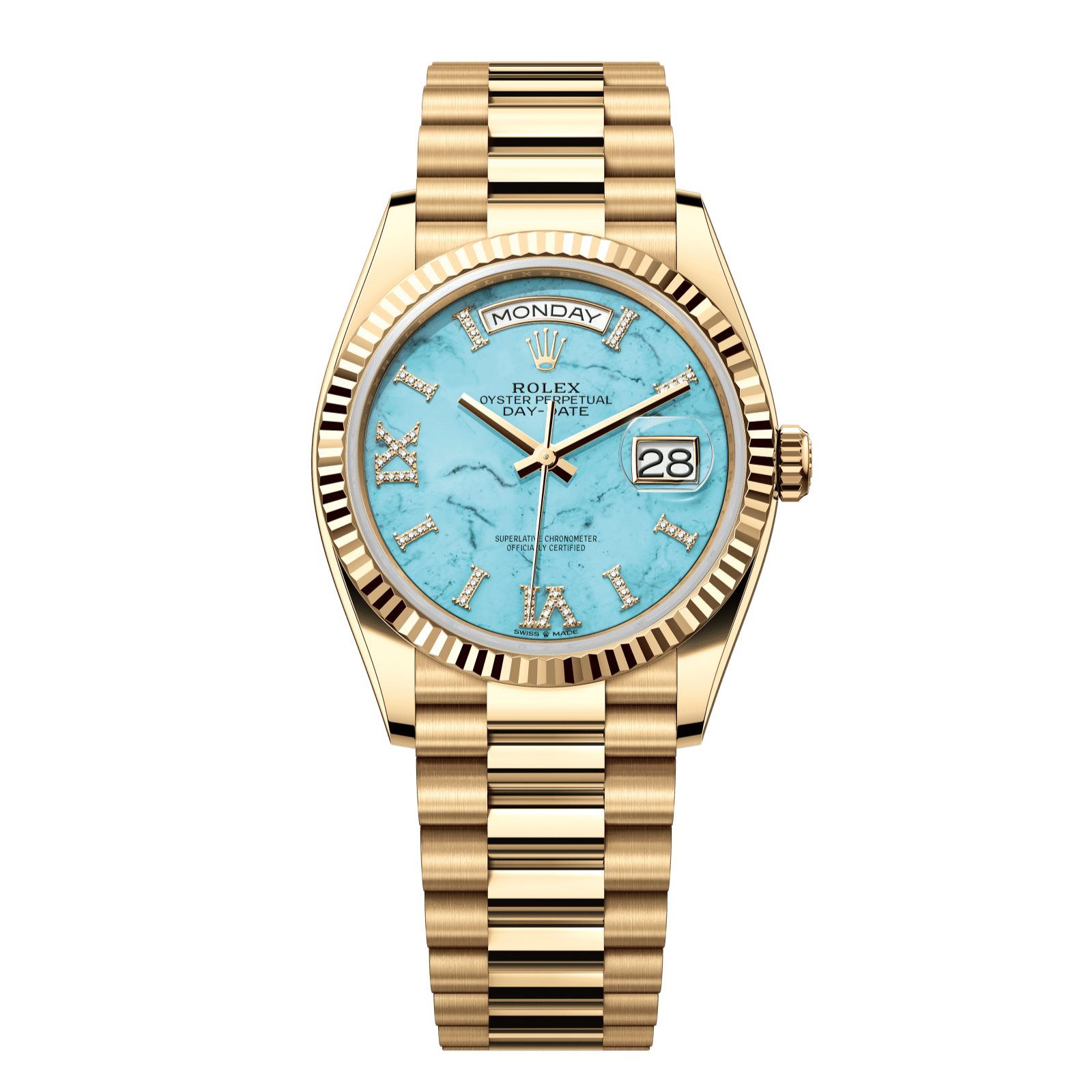 Rolex Day-Date 36 36 mm Turquoise Set With Diamonds Dial 18k Yellow Gold President Bracelet 128238-0071 - WATCHXNYC