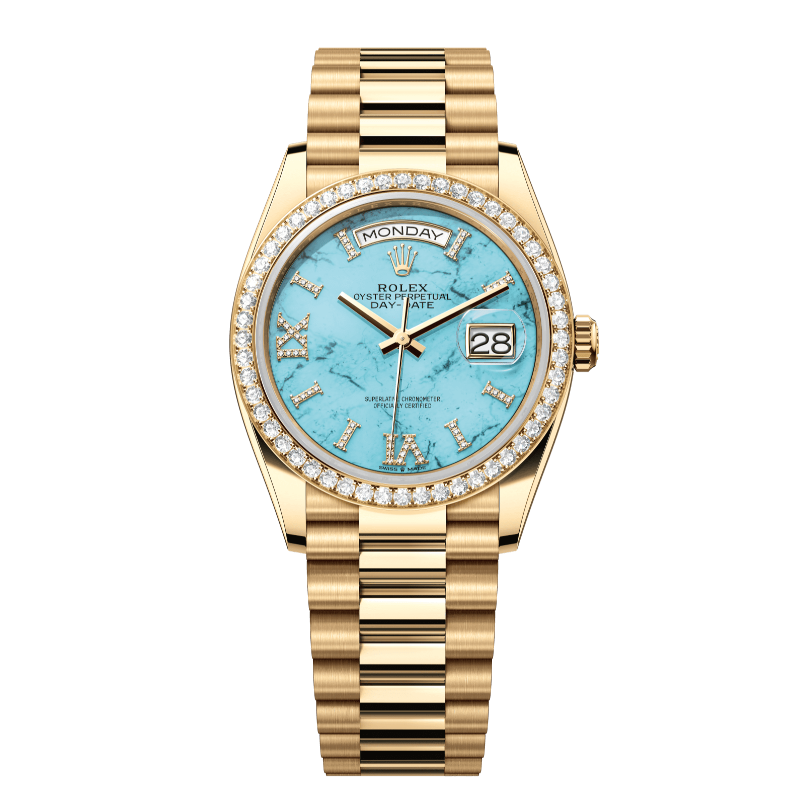 Rolex Day-Date 36 36 mm Turquoise Set With Diamonds Dial 18k Yellow Gold President Bracelet 128348rbr-0037 - WATCHXNYC