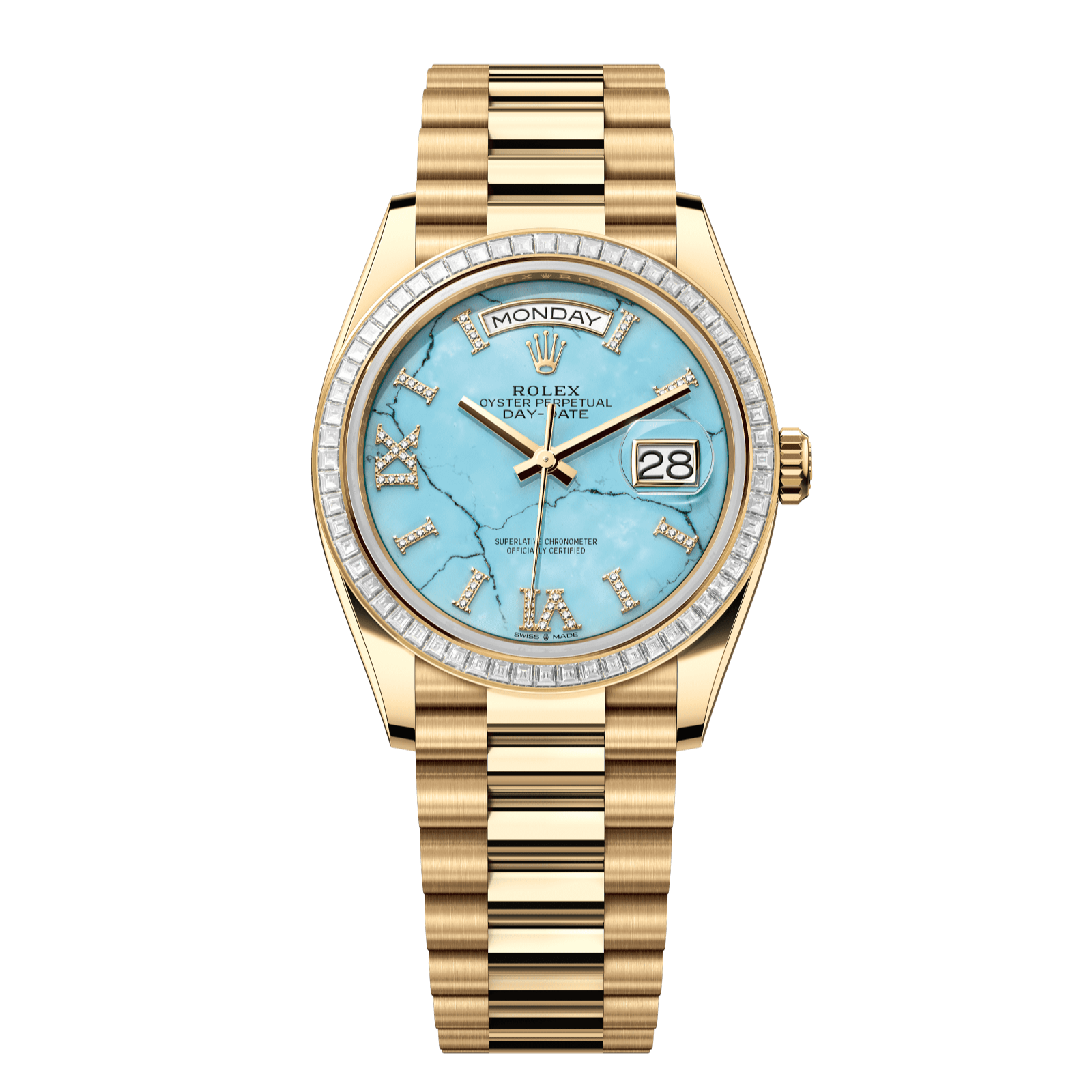Rolex Day-Date 36 36 mm Turquoise Set With Diamonds Dial 18k Yellow Gold President Bracelet 128398tbr-0014 - WATCHXNYC