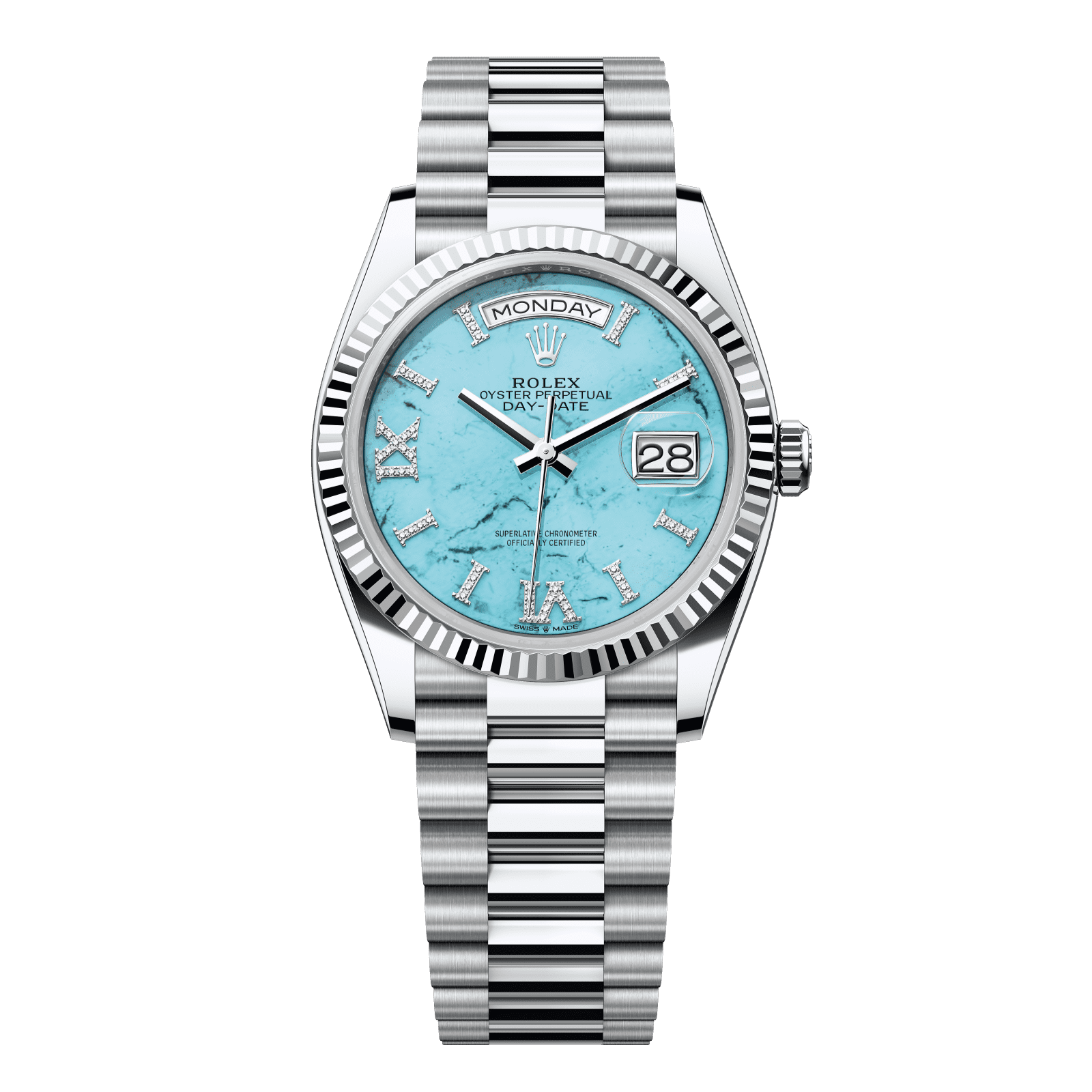 Rolex Day-Date 36 36 mm Turquoise Set With Diamonds Dial Platinum President Bracelet 128236-0011 - WATCHXNYC