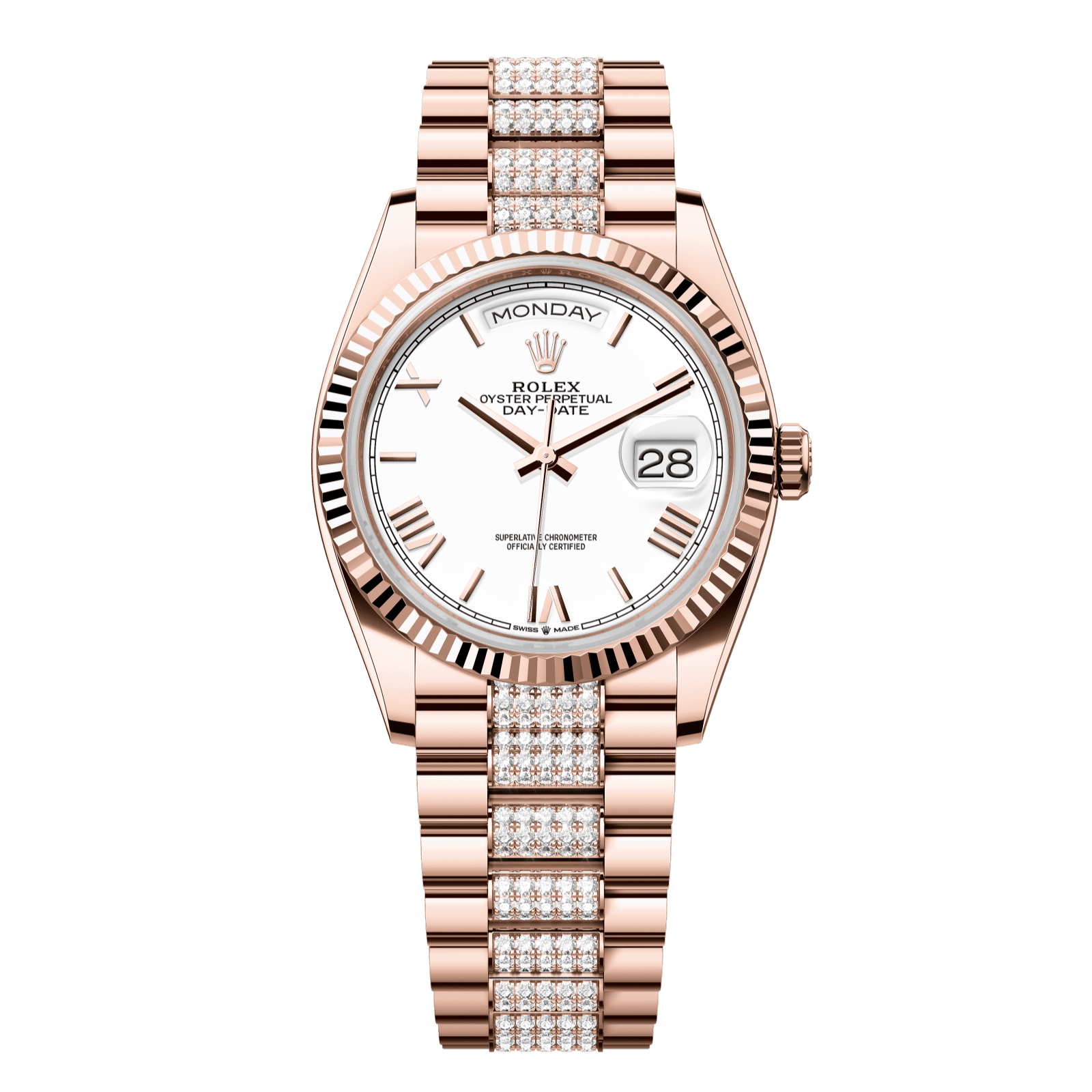 Rolex Day-Date 36 36 mm White Dial 18 kt Everose Gold President Bracelet with Diamonds 128235-0071 - WATCHXNYC