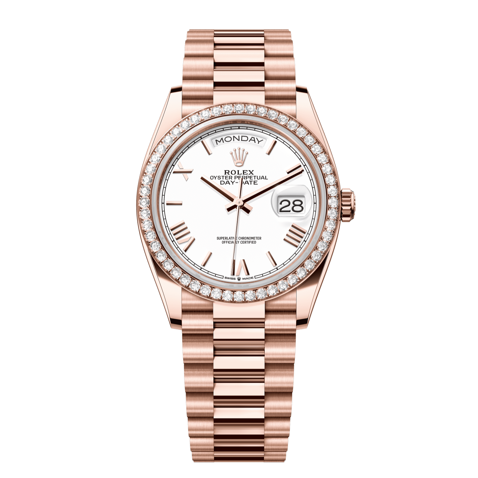 Rolex Day-Date 36 36 mm White Dial with Diamonds 18 kt Everose Gold President Bracelet 128345rbr-0070 - WATCHXNYC