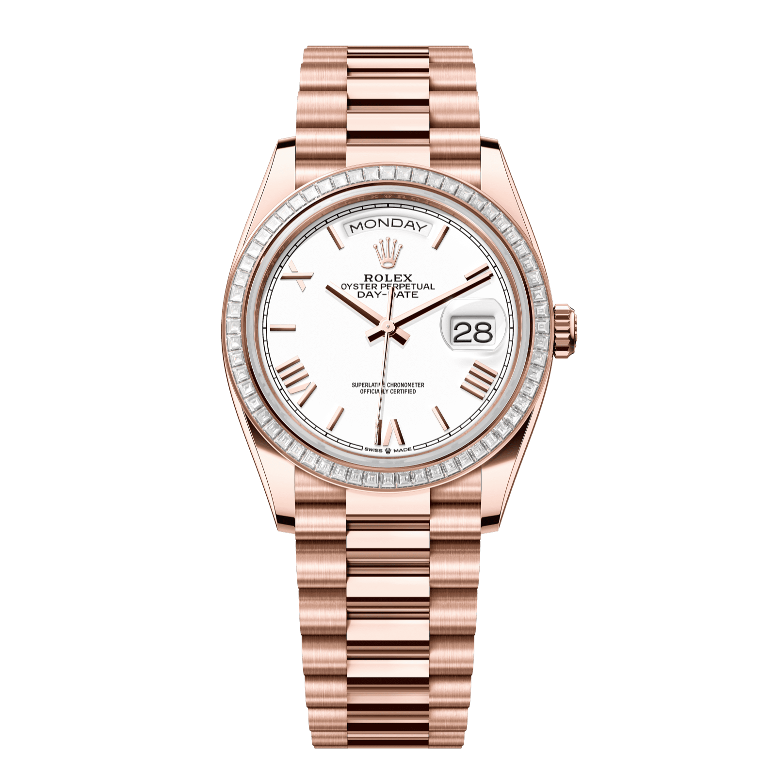 Rolex Day-Date 36 36 mm White Dial with Diamonds 18 kt Everose Gold President Bracelet 128395tbr-0022 - WATCHXNYC