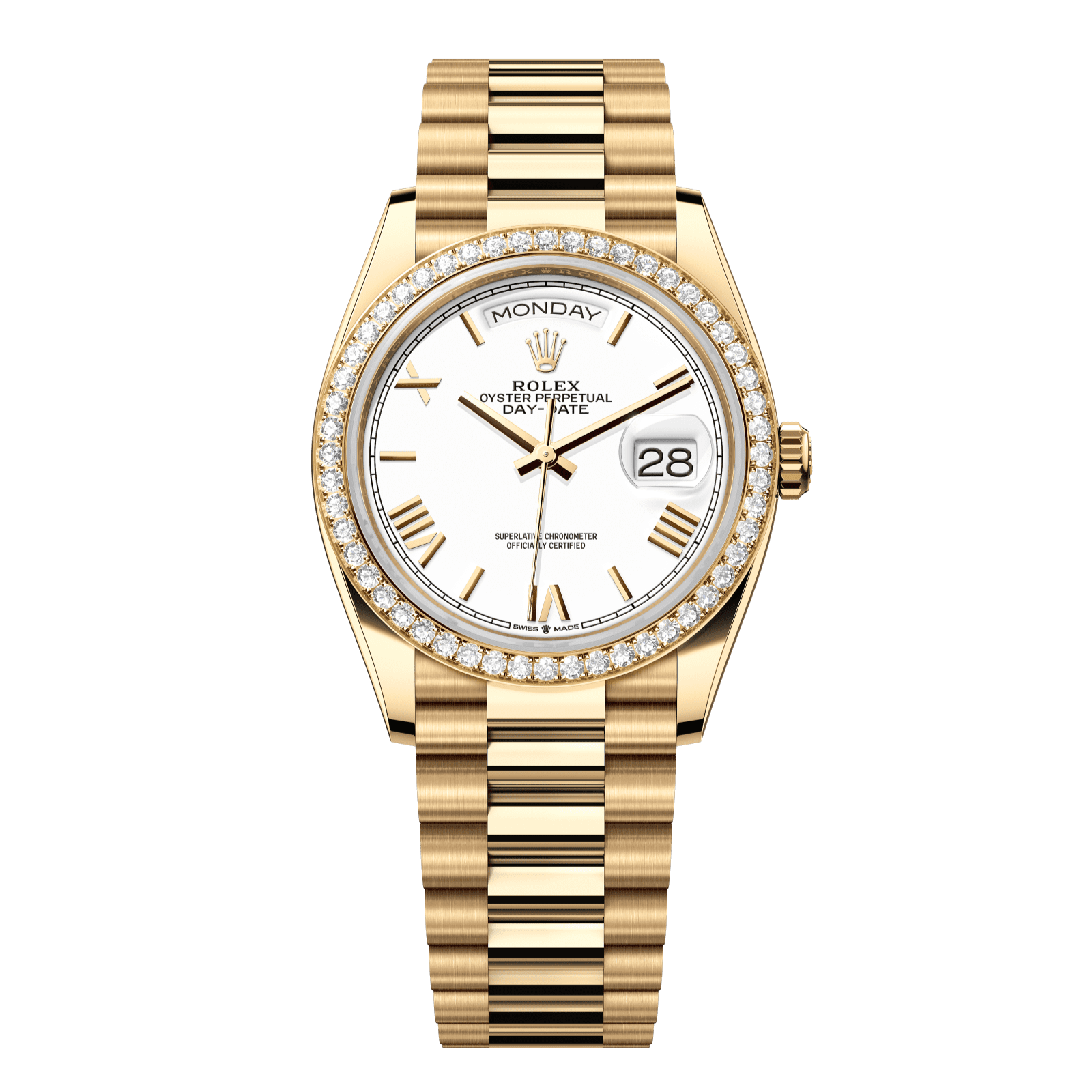 Rolex Day-Date 36 36 mm White Dial with Diamonds 18k Yellow Gold President Bracelet 128348rbr-0064 - WATCHXNYC