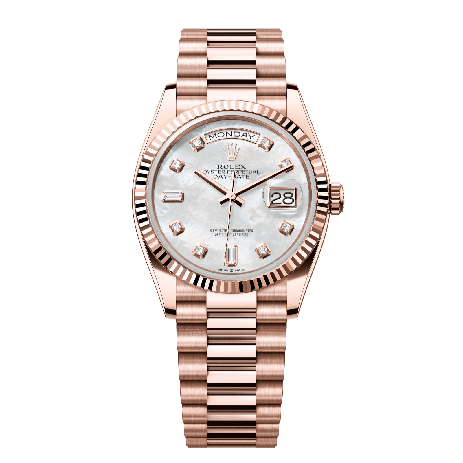Rolex Day-Date 36 36 mm White Mother-Of-Pearl Set With Diamonds Dial 18 kt Everose Gold President Bracelet 128235-0029 - WATCHXNYC