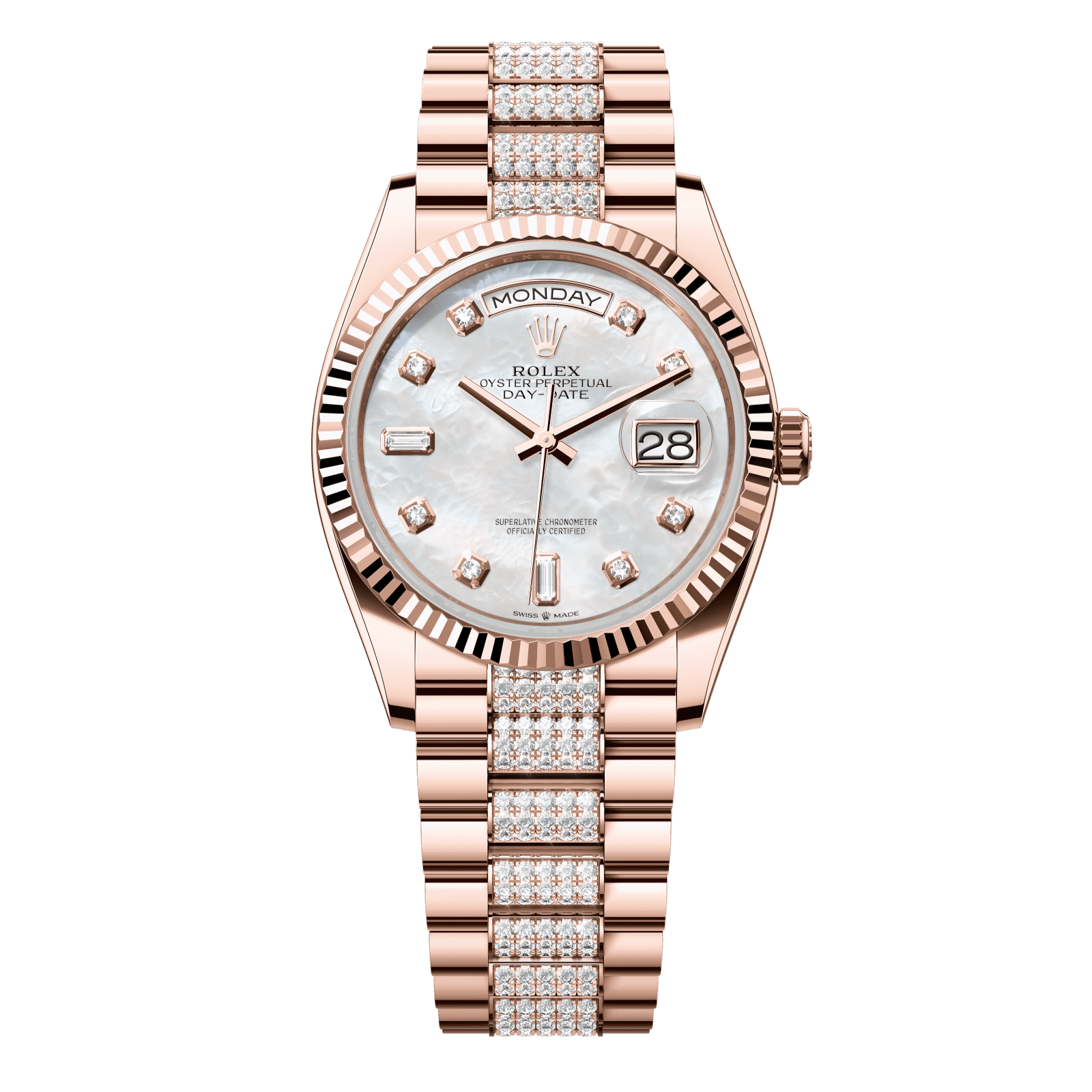 Rolex Day-Date 36 36 mm White Mother-Of-Pearl Set With Diamonds Dial 18 kt Everose Gold President Bracelet 128235-0032 - WATCHXNYC