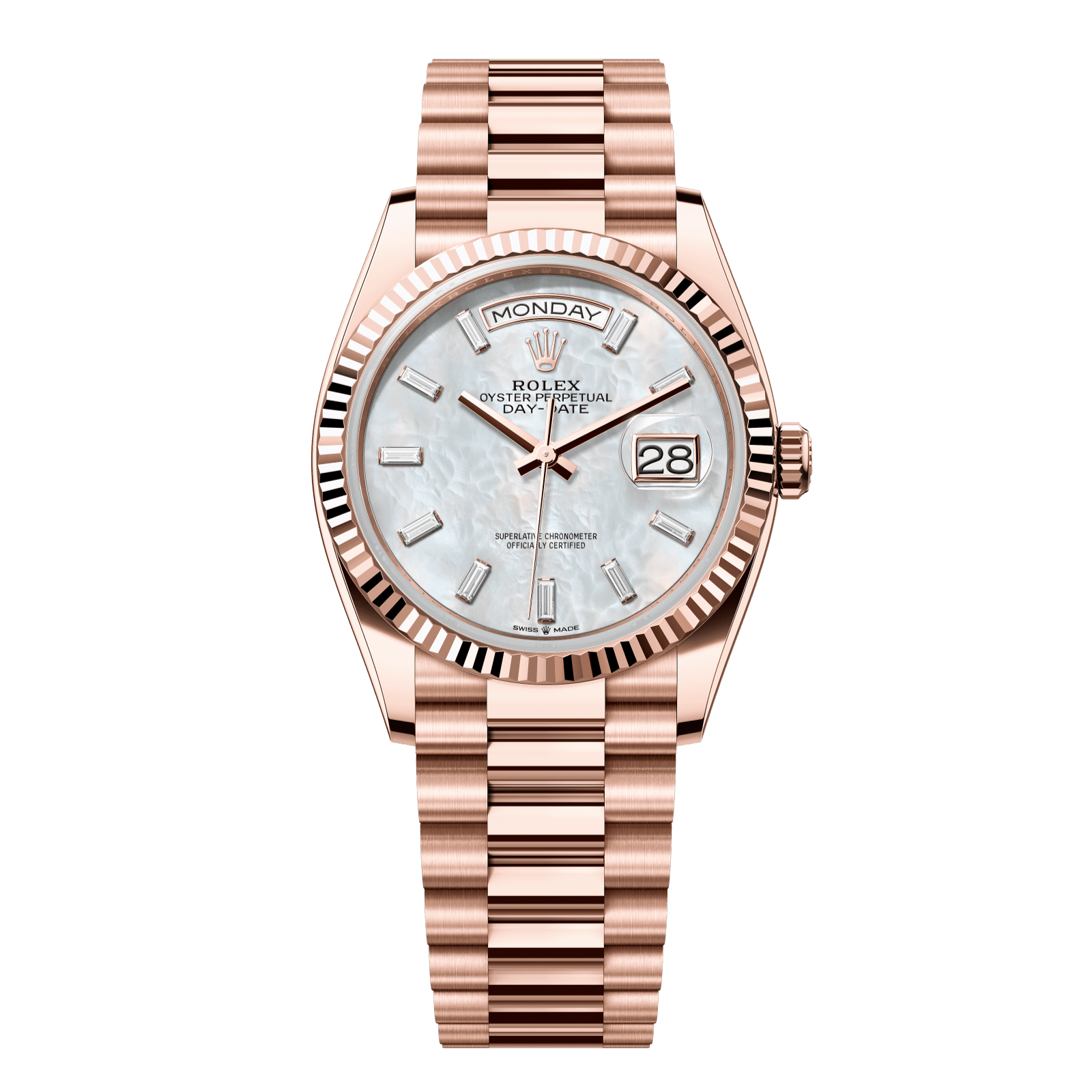 Rolex Day-Date 36 36 mm White Mother-Of-Pearl Set With Diamonds Dial 18 kt Everose Gold President Bracelet 128235-0078 - WATCHXNYC
