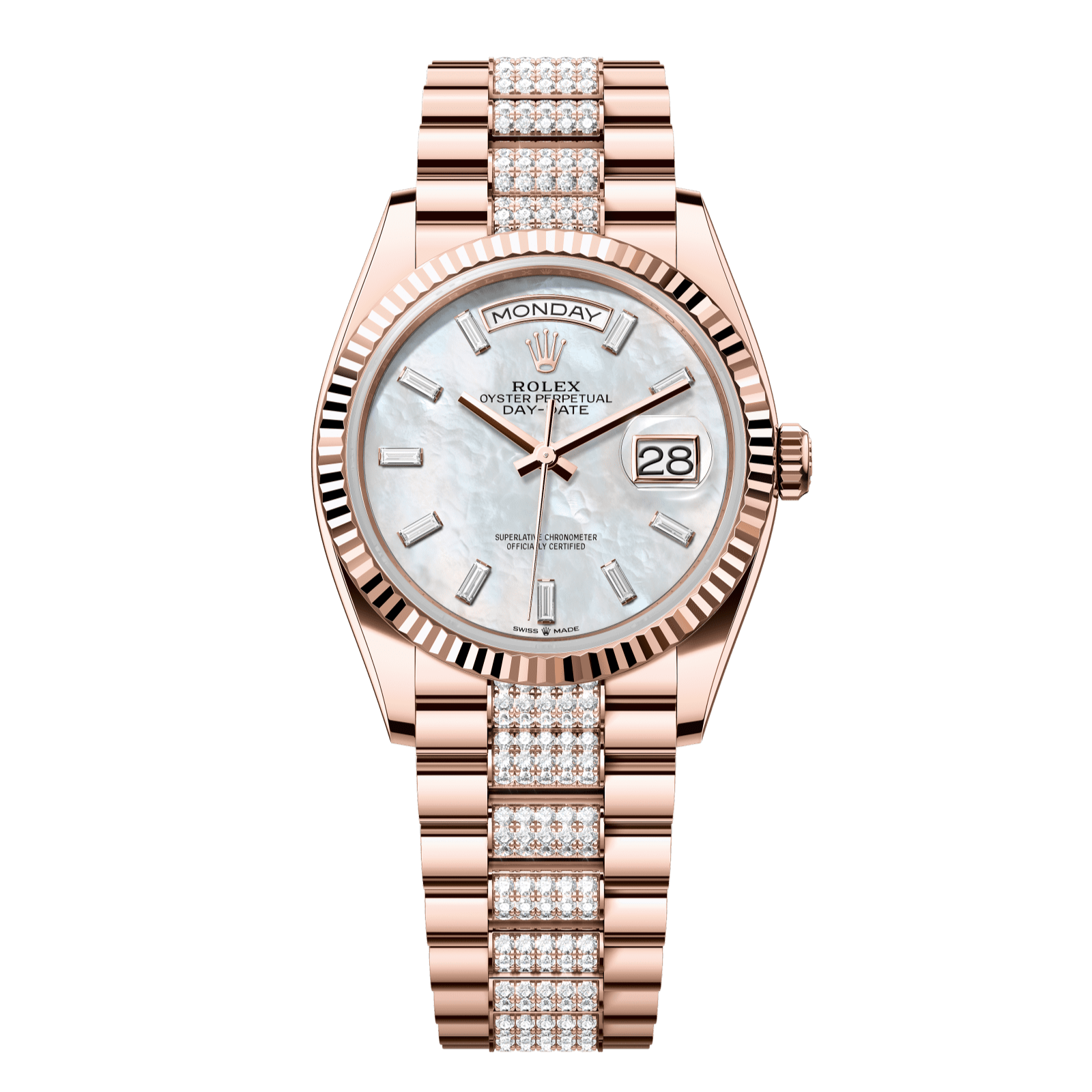 Rolex Day-Date 36 36 mm White Mother-Of-Pearl Set With Diamonds Dial 18 kt Everose Gold President Bracelet 128235-0079 - WATCHXNYC