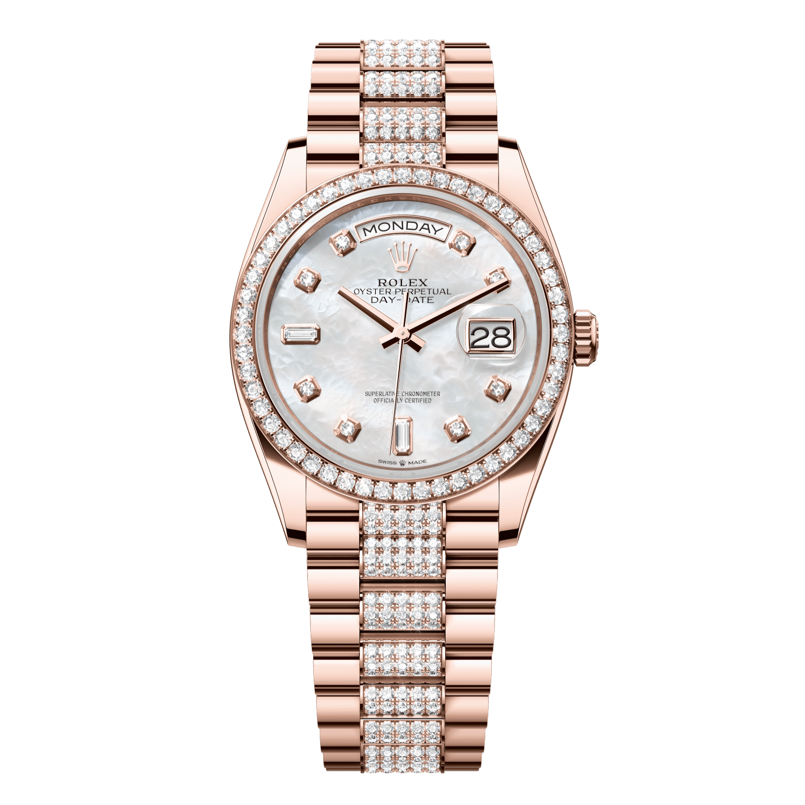 Rolex Day-Date 36 36 mm White Mother-Of-Pearl Set With Diamonds Dial 18 kt Everose Gold President Bracelet 128345rbr-0030 - WATCHXNYC
