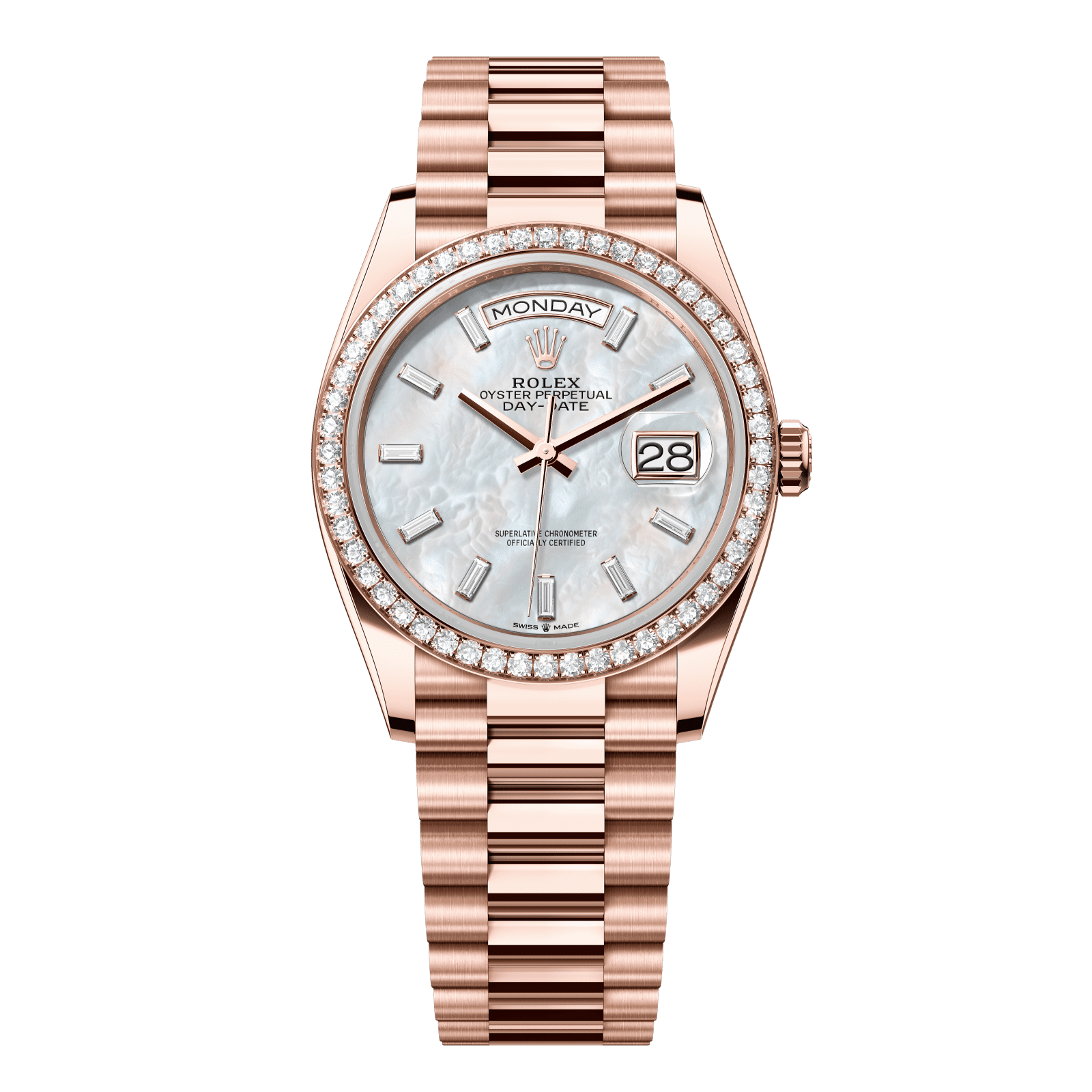 Rolex Day-Date 36 36 mm White Mother-Of-Pearl Set With Diamonds Dial 18 kt Everose Gold President Bracelet 128345rbr-0077 - WATCHXNYC