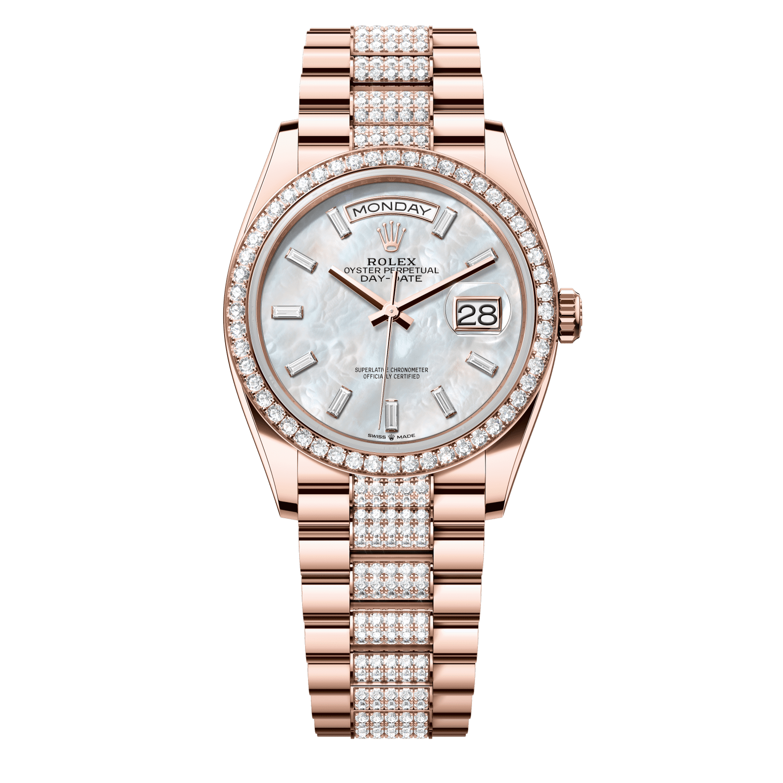 Rolex Day-Date 36 36 mm White Mother-Of-Pearl Set With Diamonds Dial 18 kt Everose Gold President Bracelet 128345rbr-0078 - WATCHXNYC