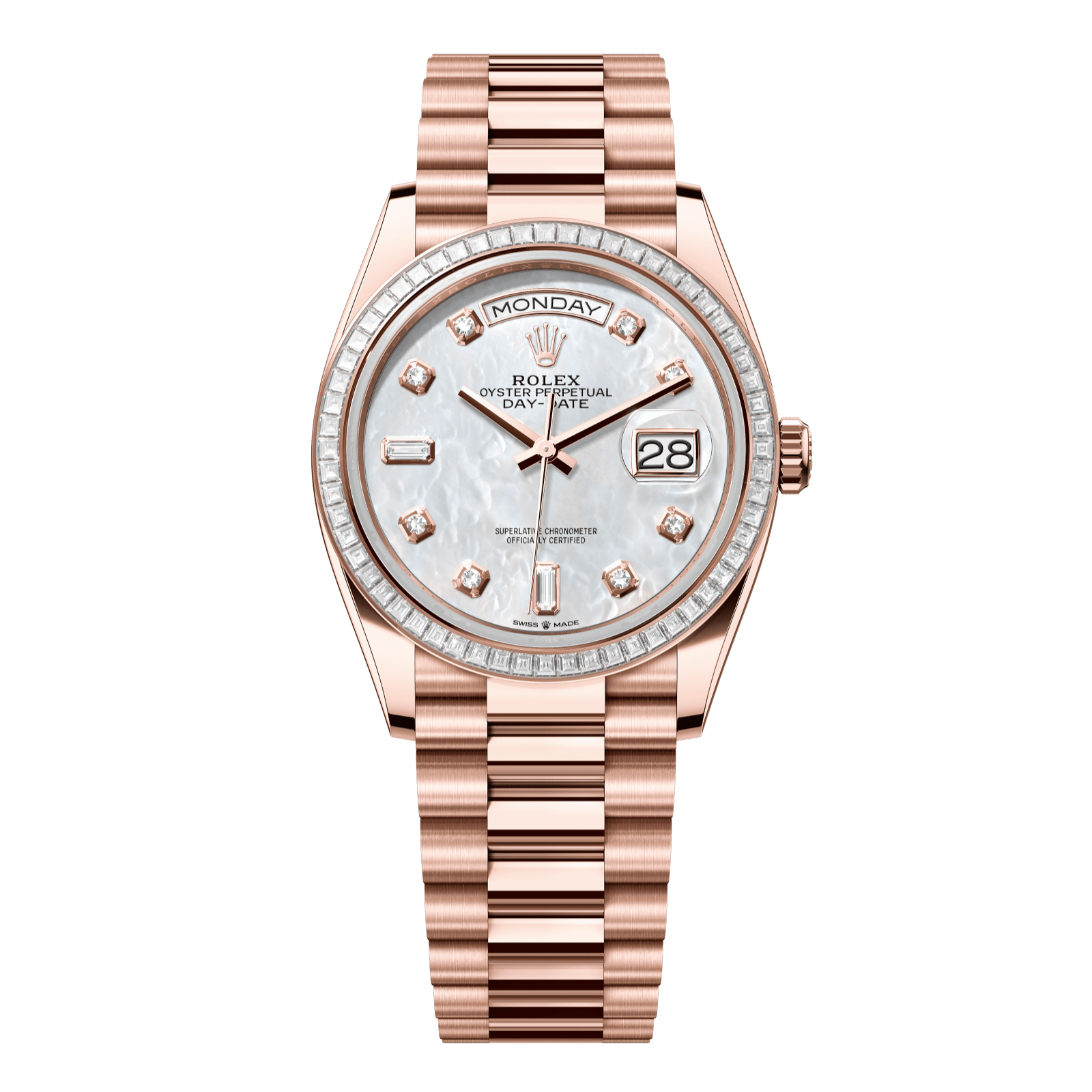 Rolex Day-Date 36 36 mm White Mother-Of-Pearl Set With Diamonds Dial 18 kt Everose Gold President Bracelet 128395tbr-0006 - WATCHXNYC