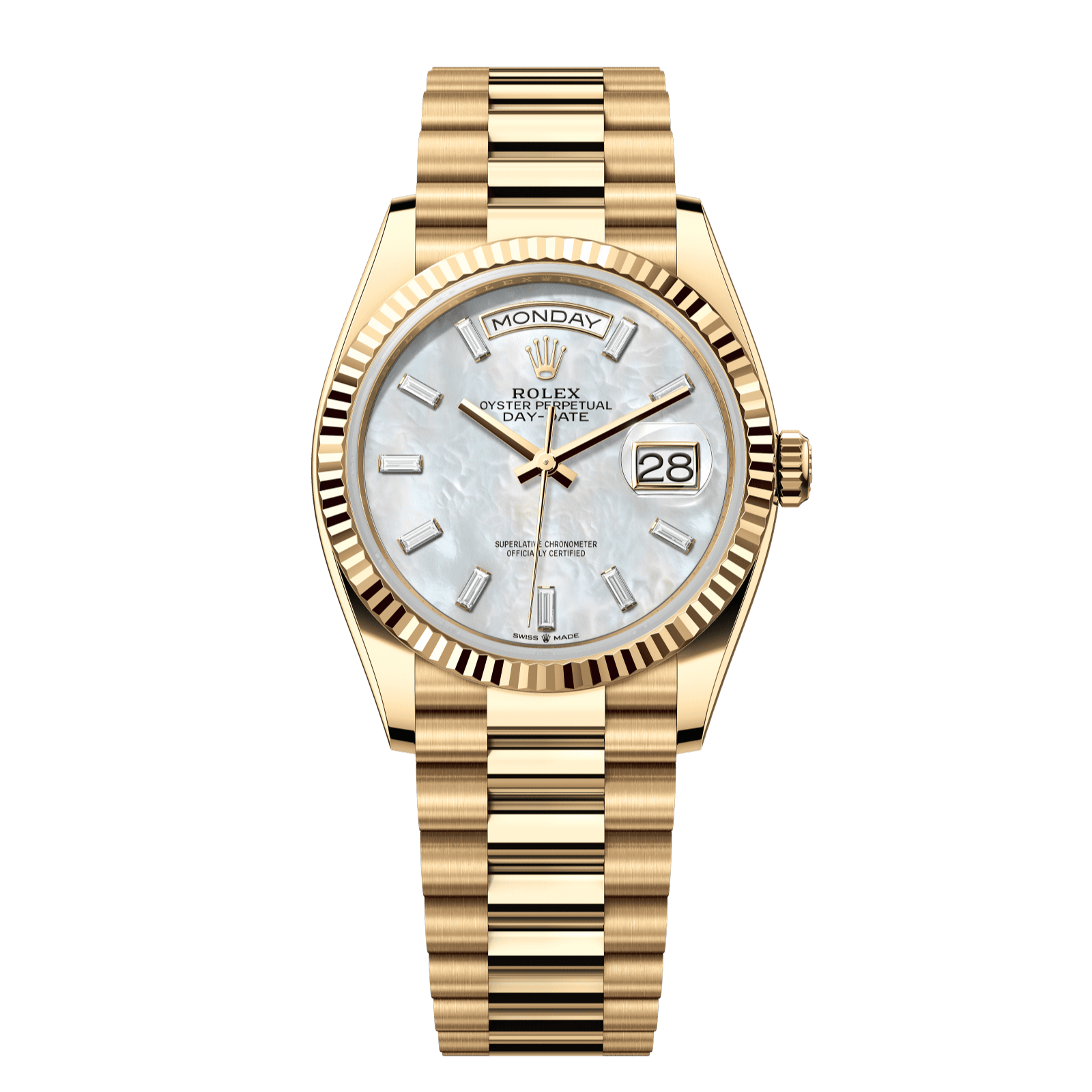 Rolex Day-Date 36 36 mm White Mother-Of-Pearl Set With Diamonds Dial 18k Yellow Gold President Bracelet 128238-0123 - WATCHXNYC