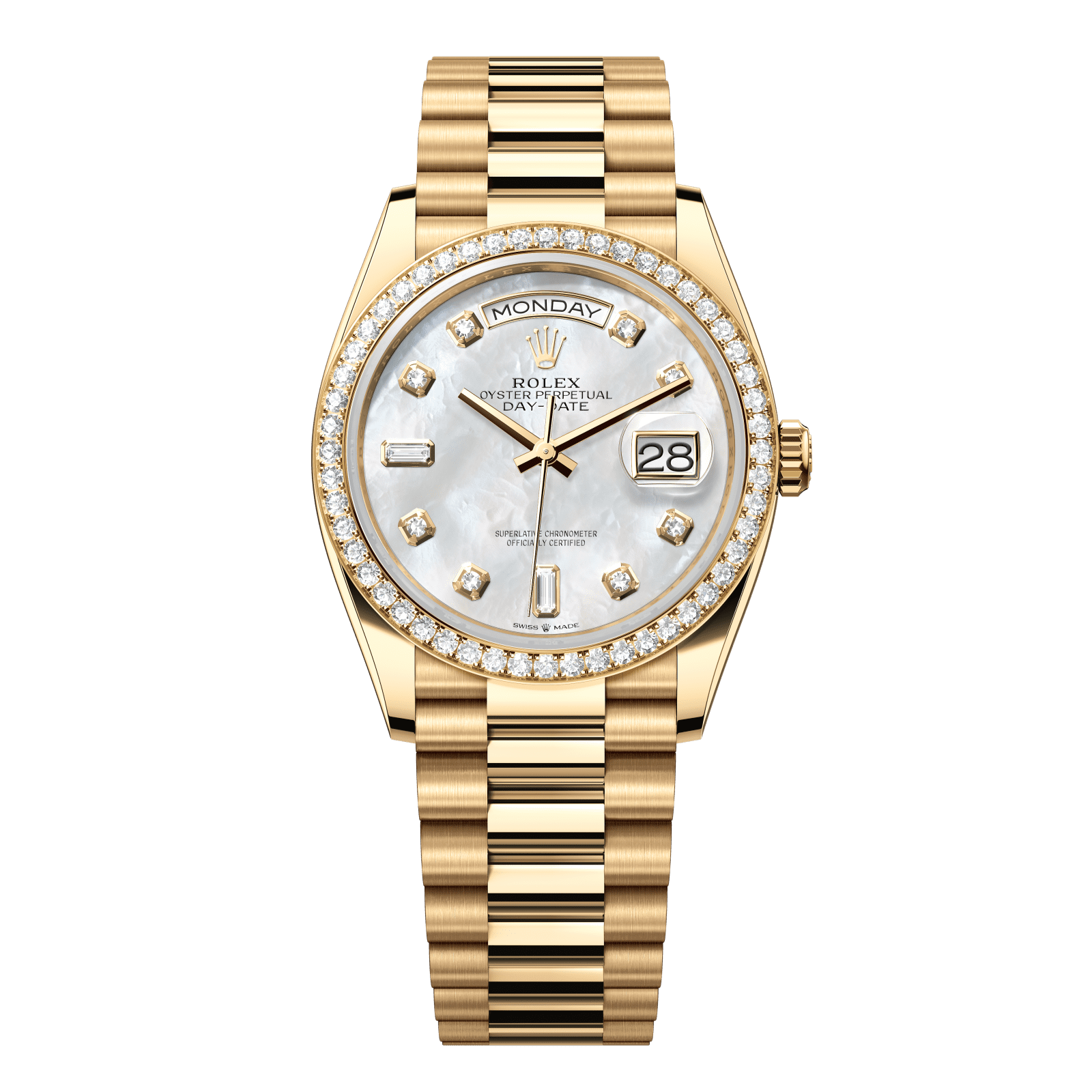 Rolex Day-Date 36 36 mm White Mother-Of-Pearl Set With Diamonds Dial 18k Yellow Gold President Bracelet 128348rbr-0017 - WATCHXNYC