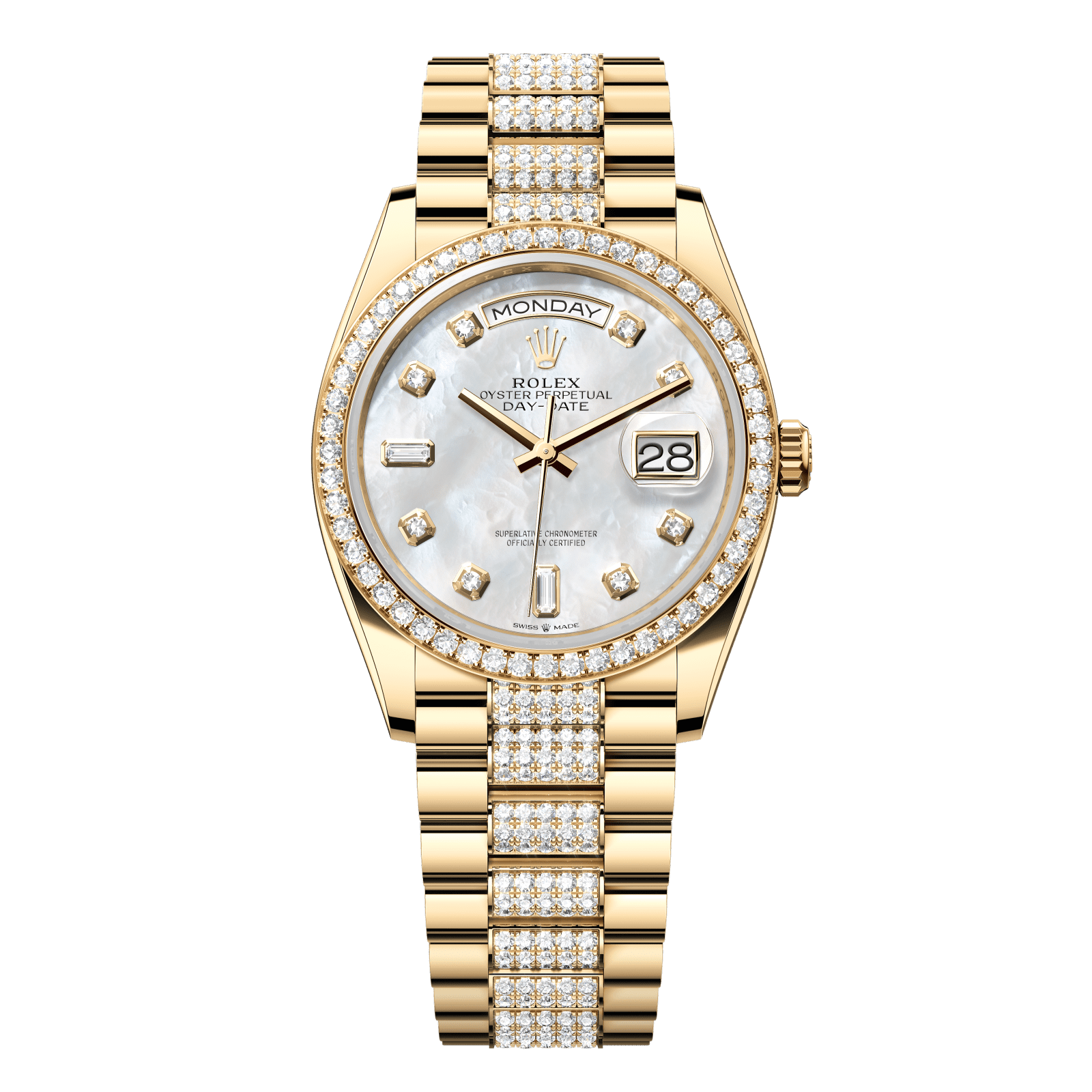 Rolex Day-Date 36 36 mm White Mother-Of-Pearl Set With Diamonds Dial 18k Yellow Gold President Bracelet 128348rbr-0019 - WATCHXNYC