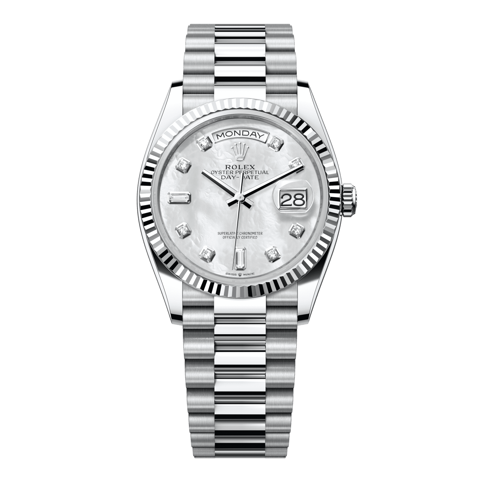 Rolex Day-Date 36 36 mm White Mother-Of-Pearl Set With Diamonds Dial Platinum President Bracelet 128236-0002 - WATCHXNYC