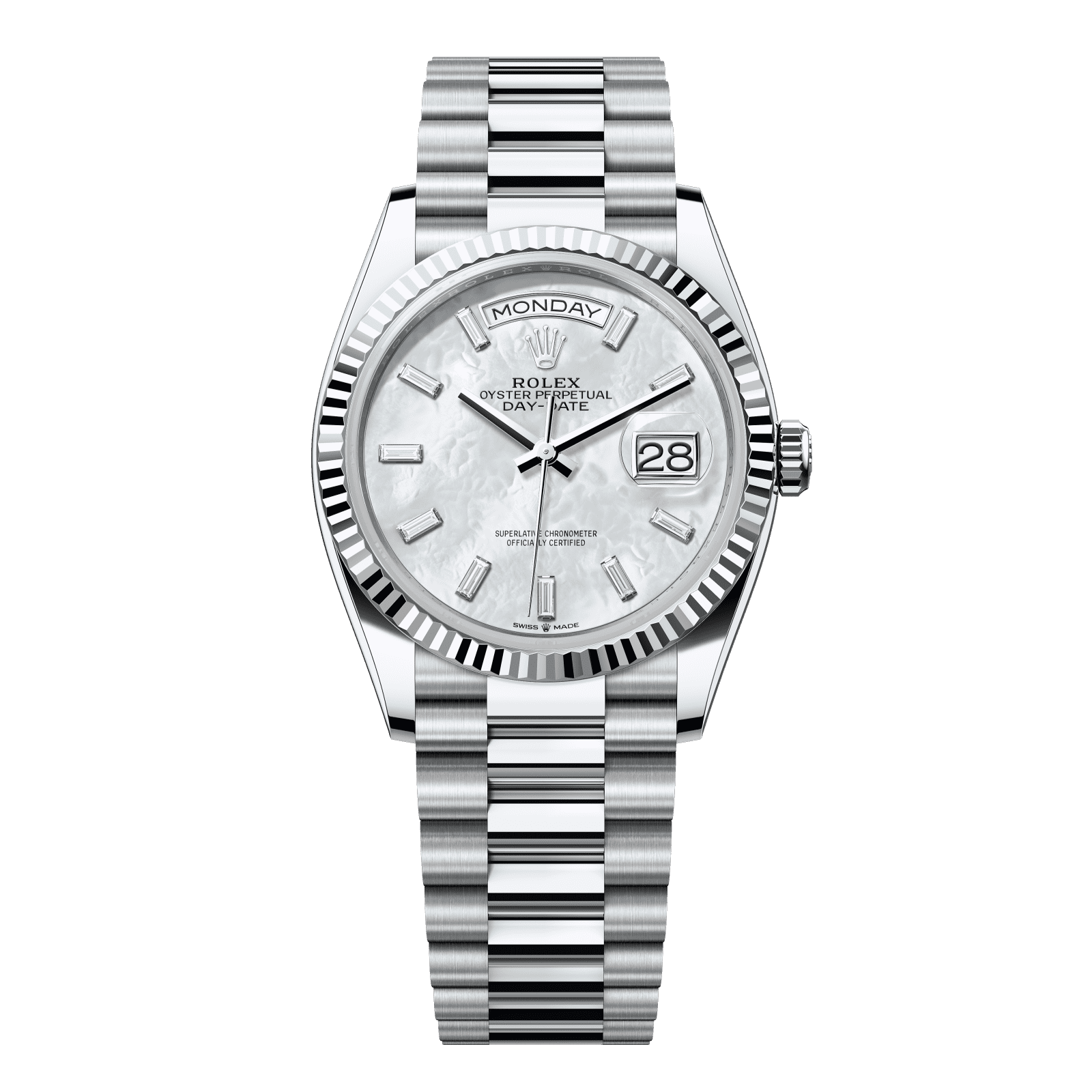 Rolex Day-Date 36 36 mm White Mother-Of-Pearl Set With Diamonds Dial Platinum President Bracelet 128236-0021 - WATCHXNYC