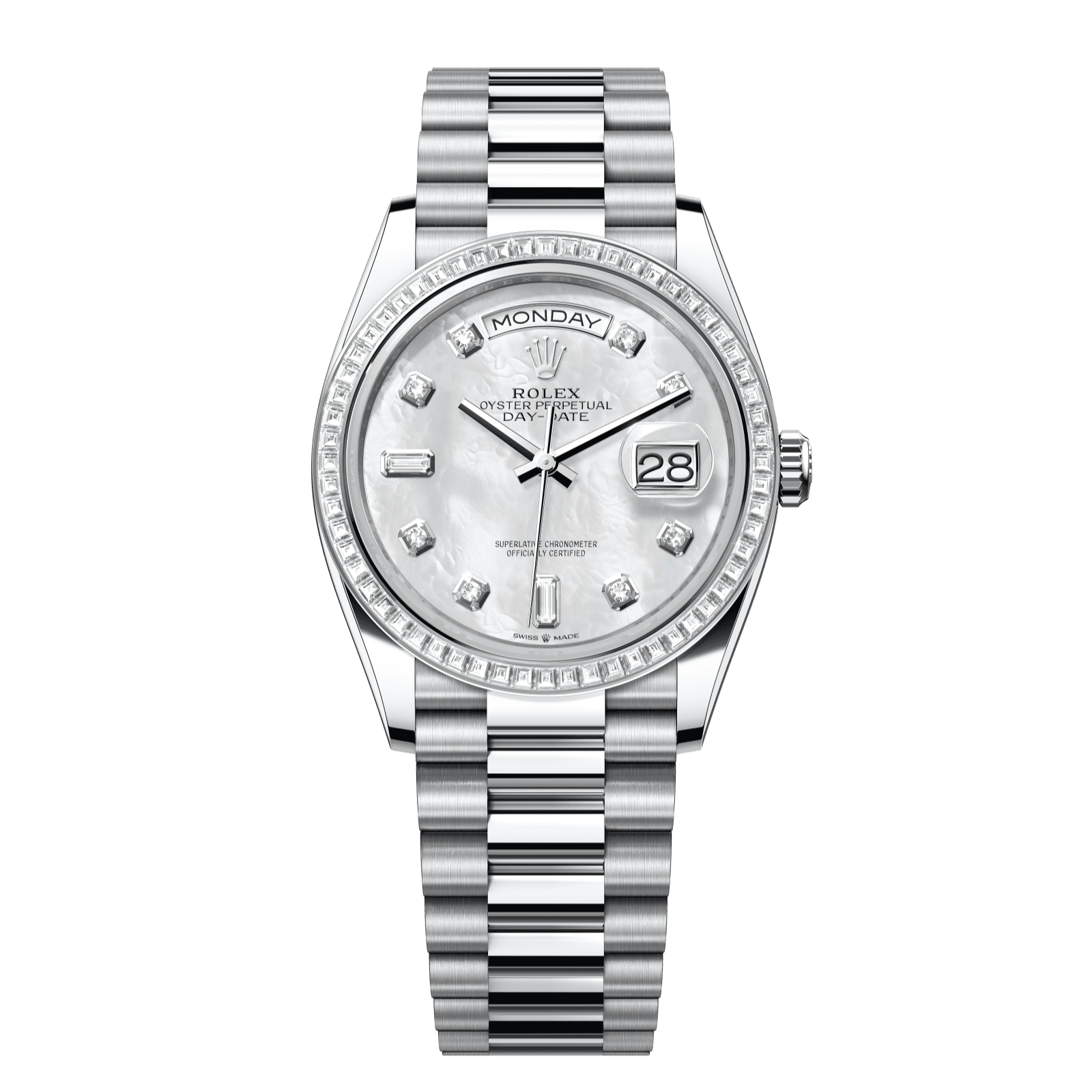 Rolex Day-Date 36 36 mm White Mother-Of-Pearl Set With Diamonds Dial Platinum President Bracelet 128396tbr-0005 - WATCHXNYC