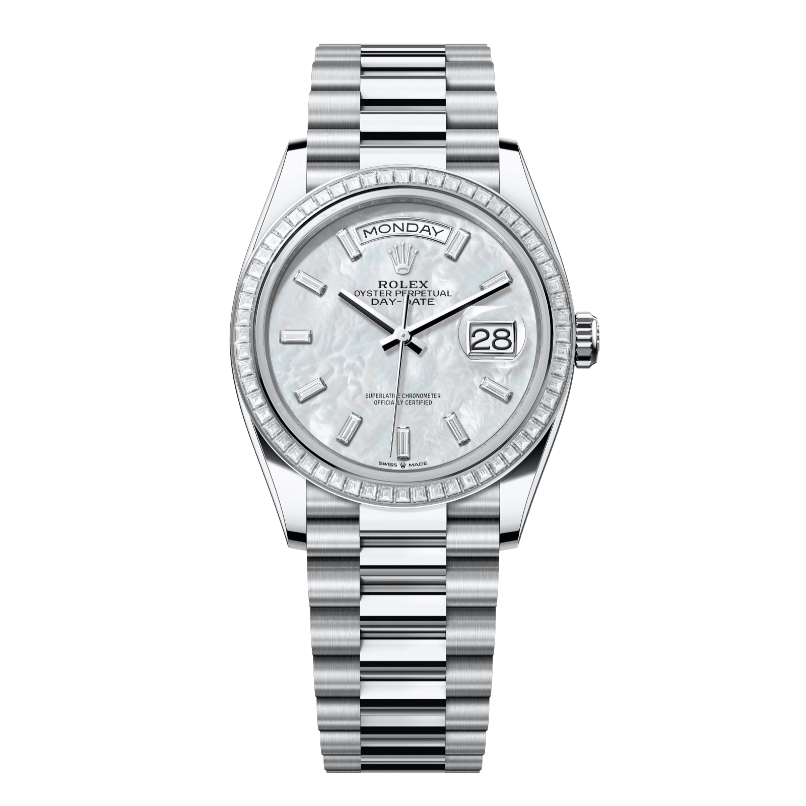 Rolex Day-Date 36 36 mm White Mother-Of-Pearl Set With Diamonds Dial Platinum President Bracelet 128396tbr-0022 - WATCHXNYC