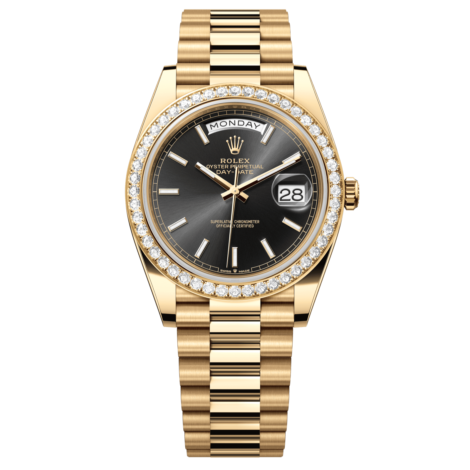 Rolex Day-Date 40 40 mm Bright Black Dial with Diamonds 18k Yellow Gold President Bracelet 228348rbr-0043 - WATCHXNYC