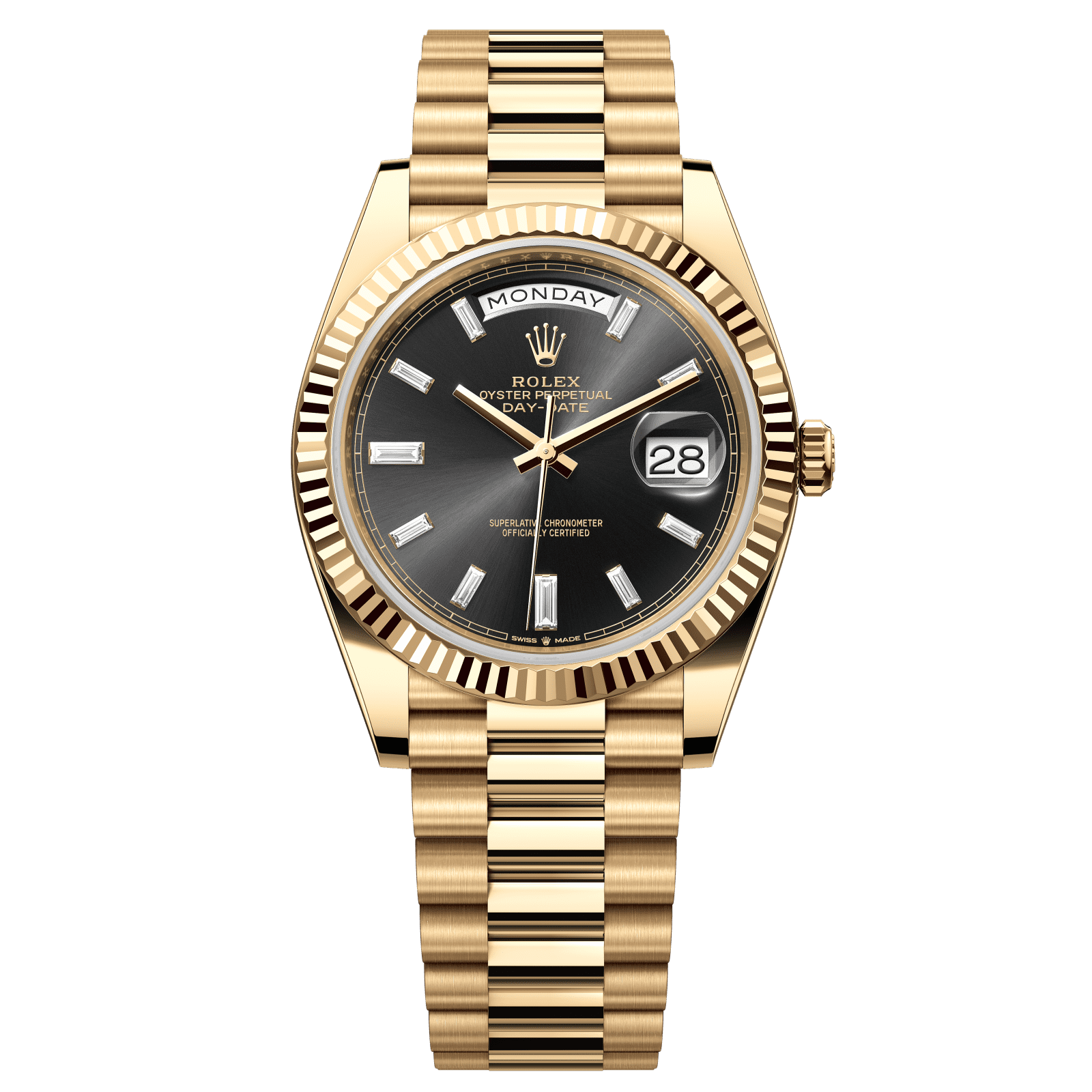 Rolex Day-Date 40 40 mm Bright Black Set With Diamonds Dial 18k Yellow Gold President Bracelet 228238-0004 - WATCHXNYC
