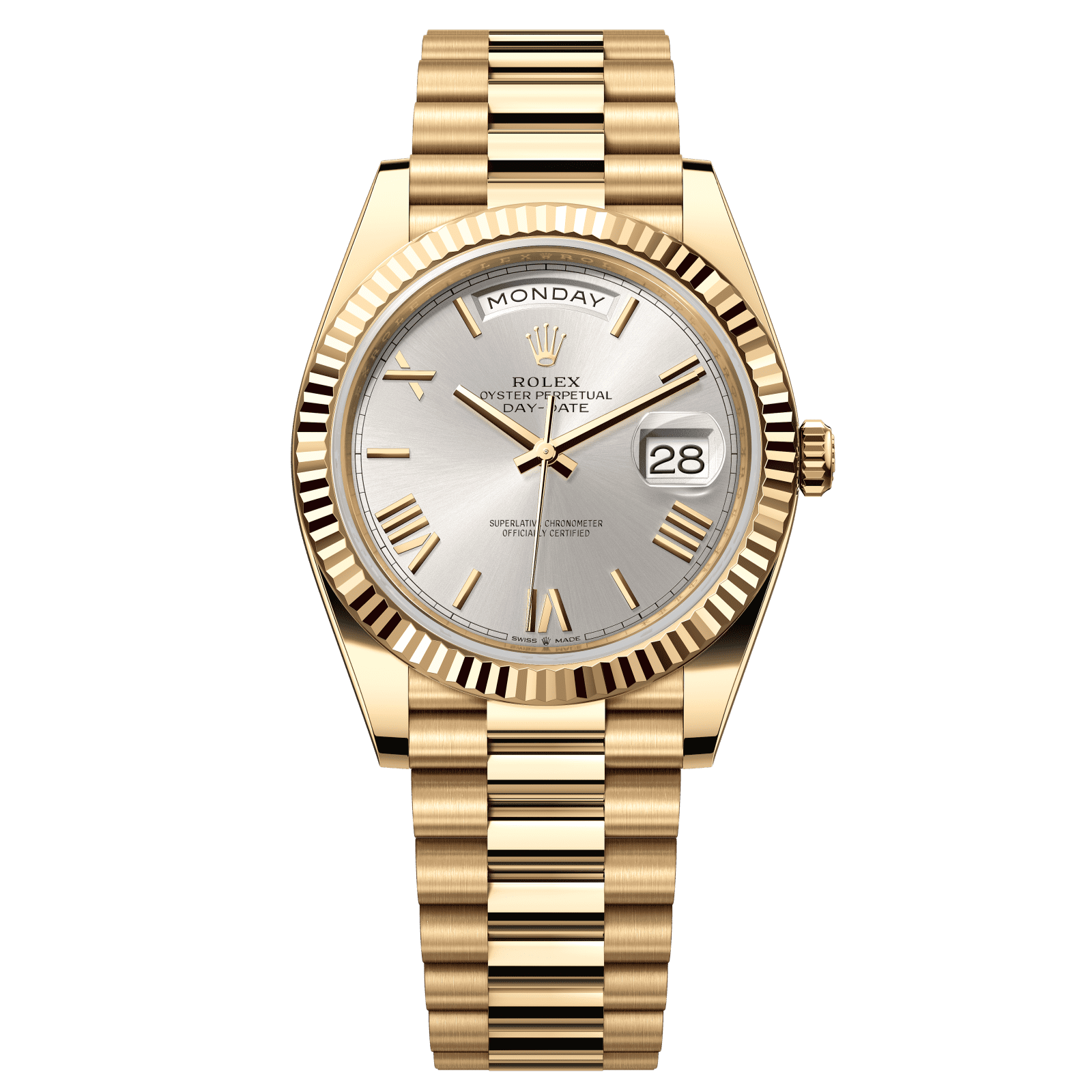 Rolex Day-Date 40 40 mm Silver Dial 18k Yellow Gold President Bracelet 228238-0002 - WATCHXNYC