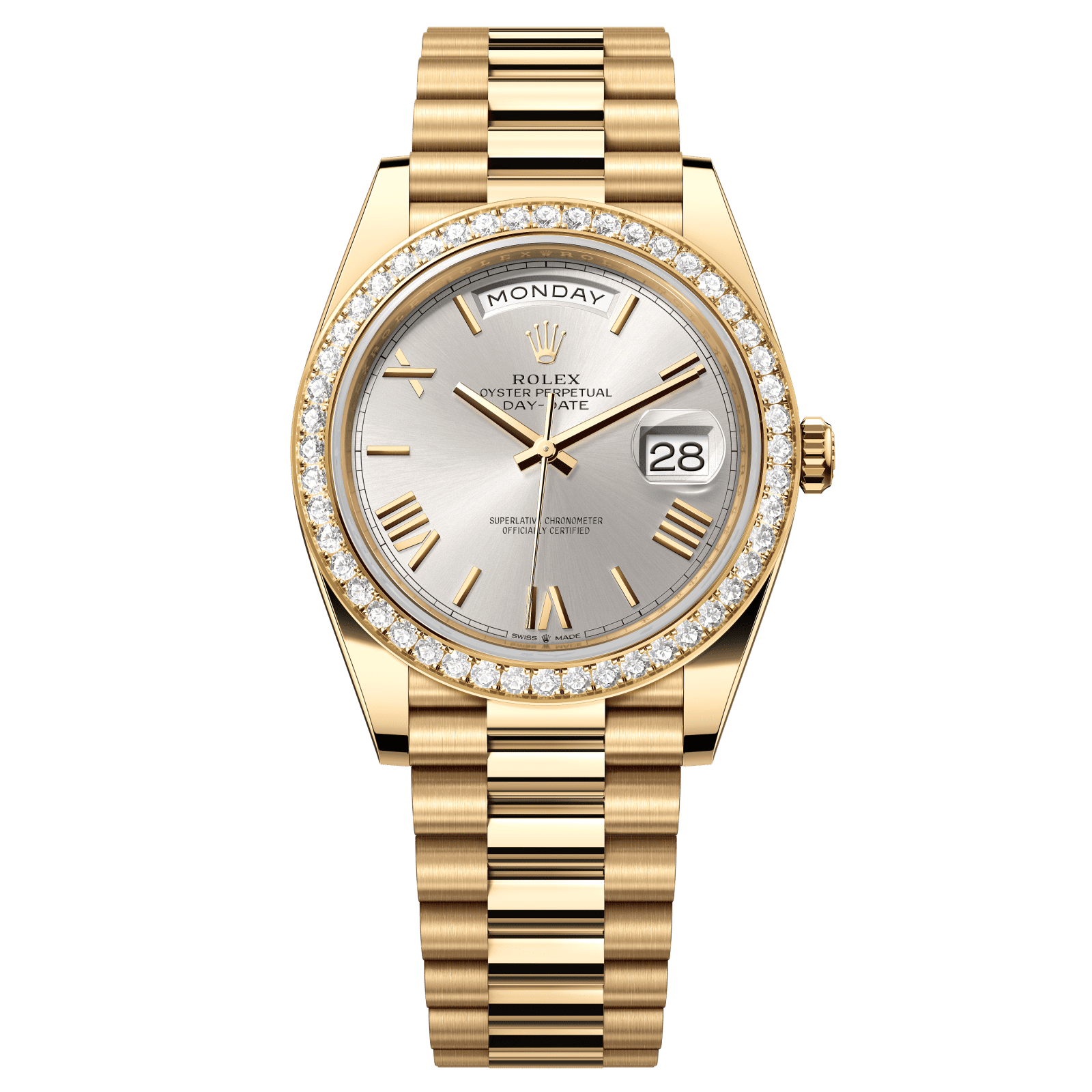 Rolex Day-Date 40 40 mm Silver Dial with Diamonds 18k Yellow Gold President Bracelet 228348rbr-0007 - WATCHXNYC