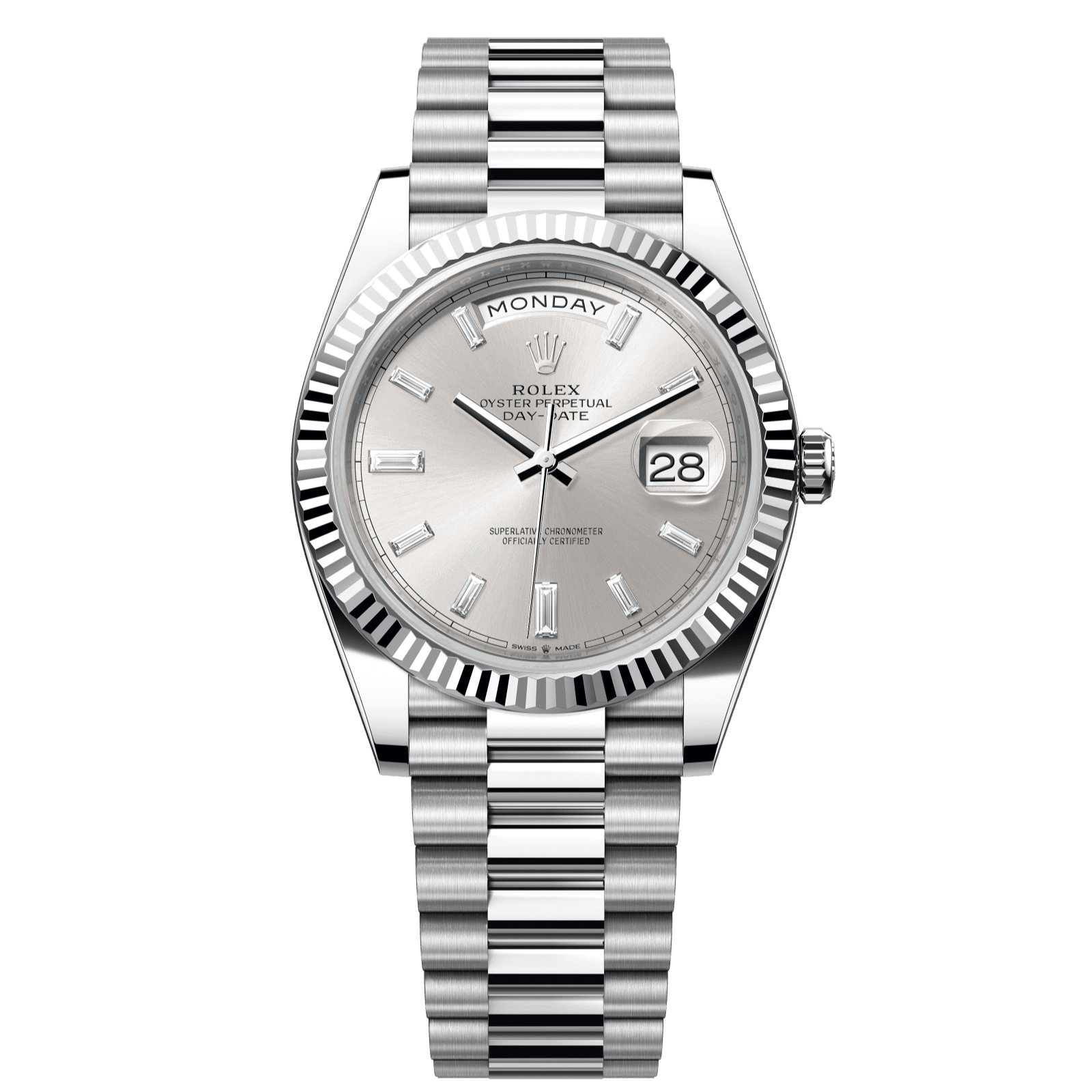 Rolex Day-Date 40 40 mm Silver Set With Diamonds Dial Platinum President Bracelet 228236-0002 - WATCHXNYC