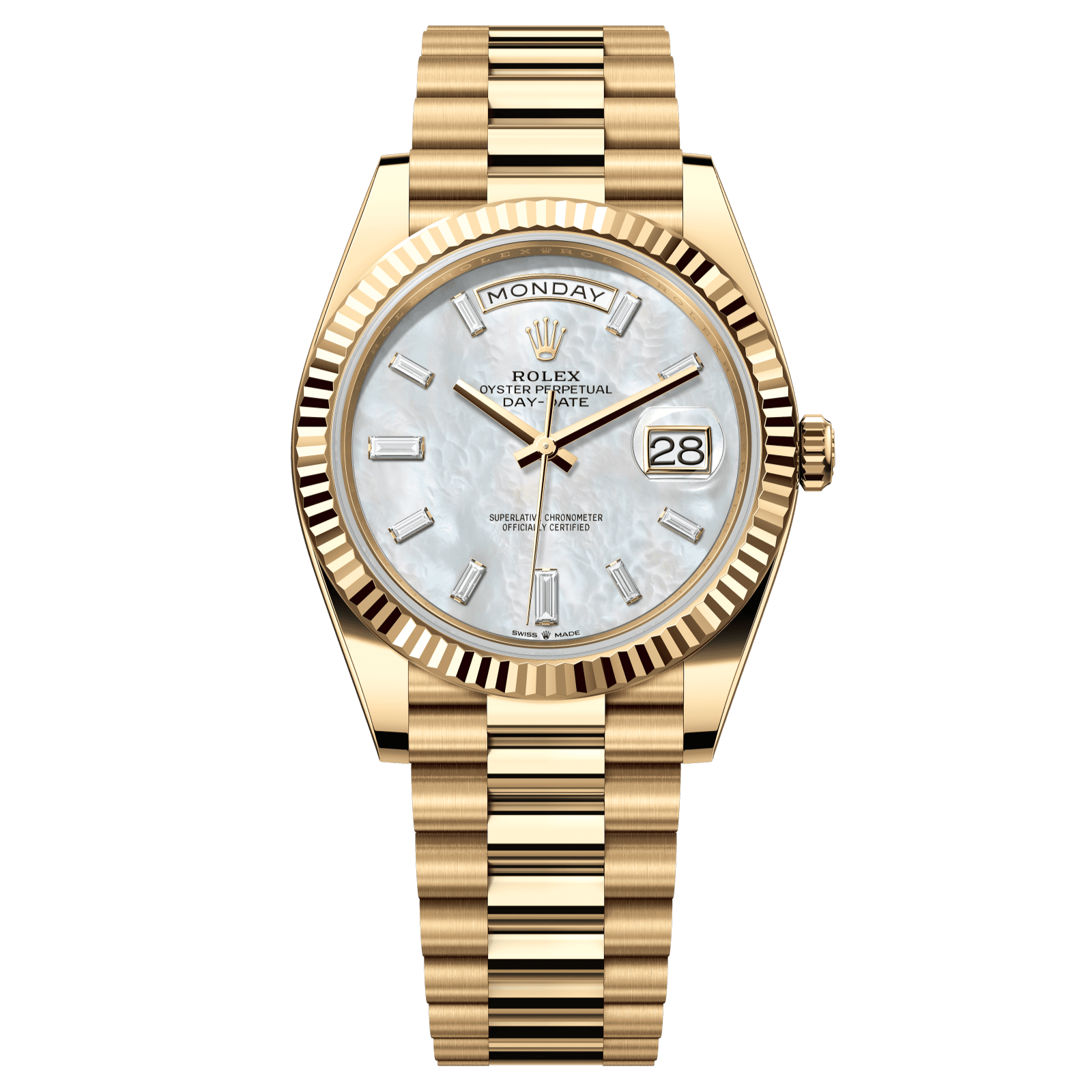 Rolex Day-Date 40 40 mm White Mother-Of-Pearl Set With Diamonds Dial 18k Yellow Gold President Bracelet 228238-0071 - WATCHXNYC