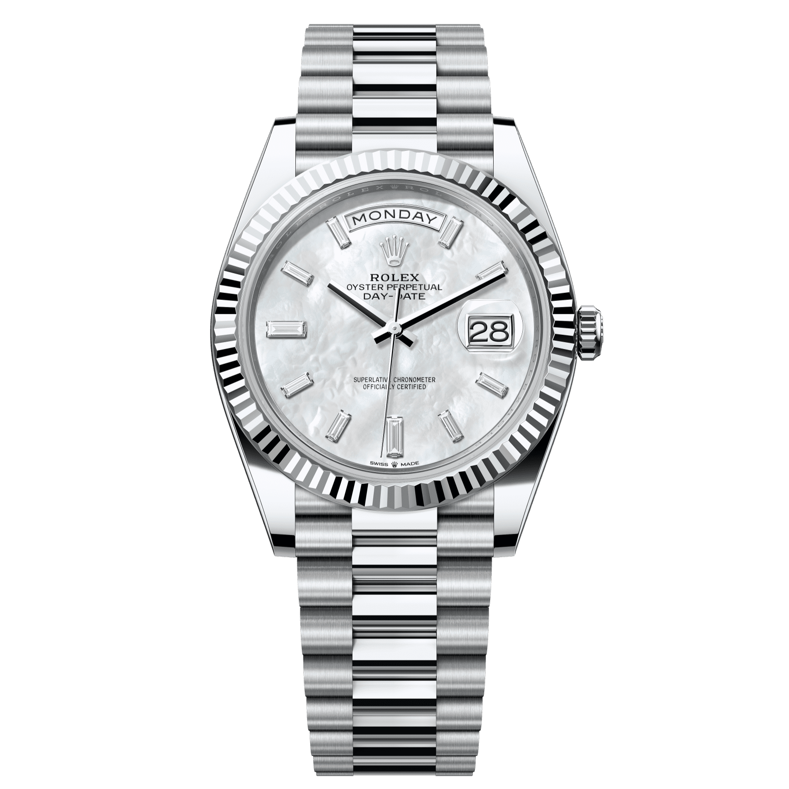 Rolex Day-Date 40 40 mm White Mother-Of-Pearl Set With Diamonds Dial Platinum President Bracelet 228236-0026 - WATCHXNYC