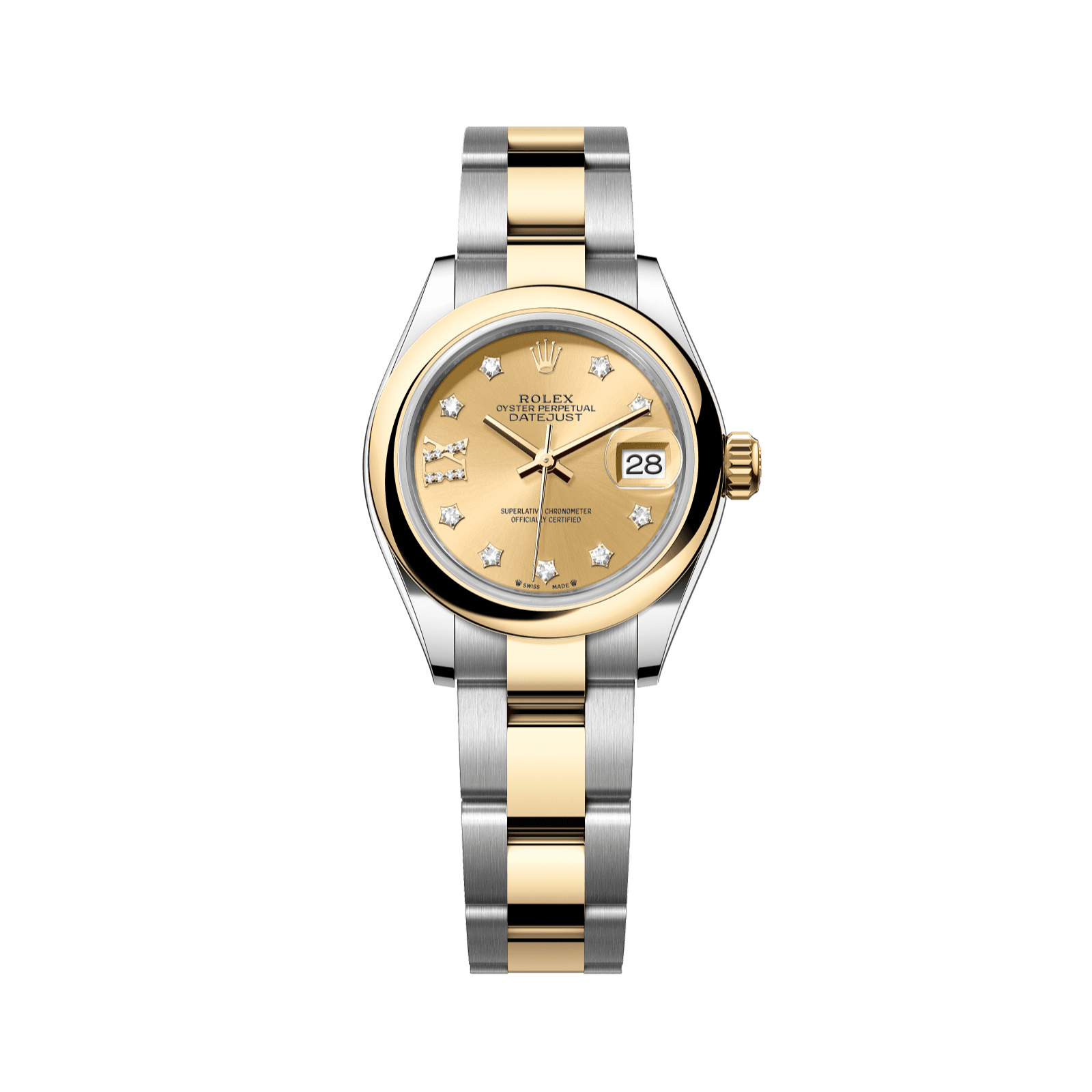 Rolex Lady-Datejust 28 mm Champagne-Colour Set With Diamonds Dial 18 kt Yellow Gold Oyster Bracelet 279163-0010 - WATCHXNYC