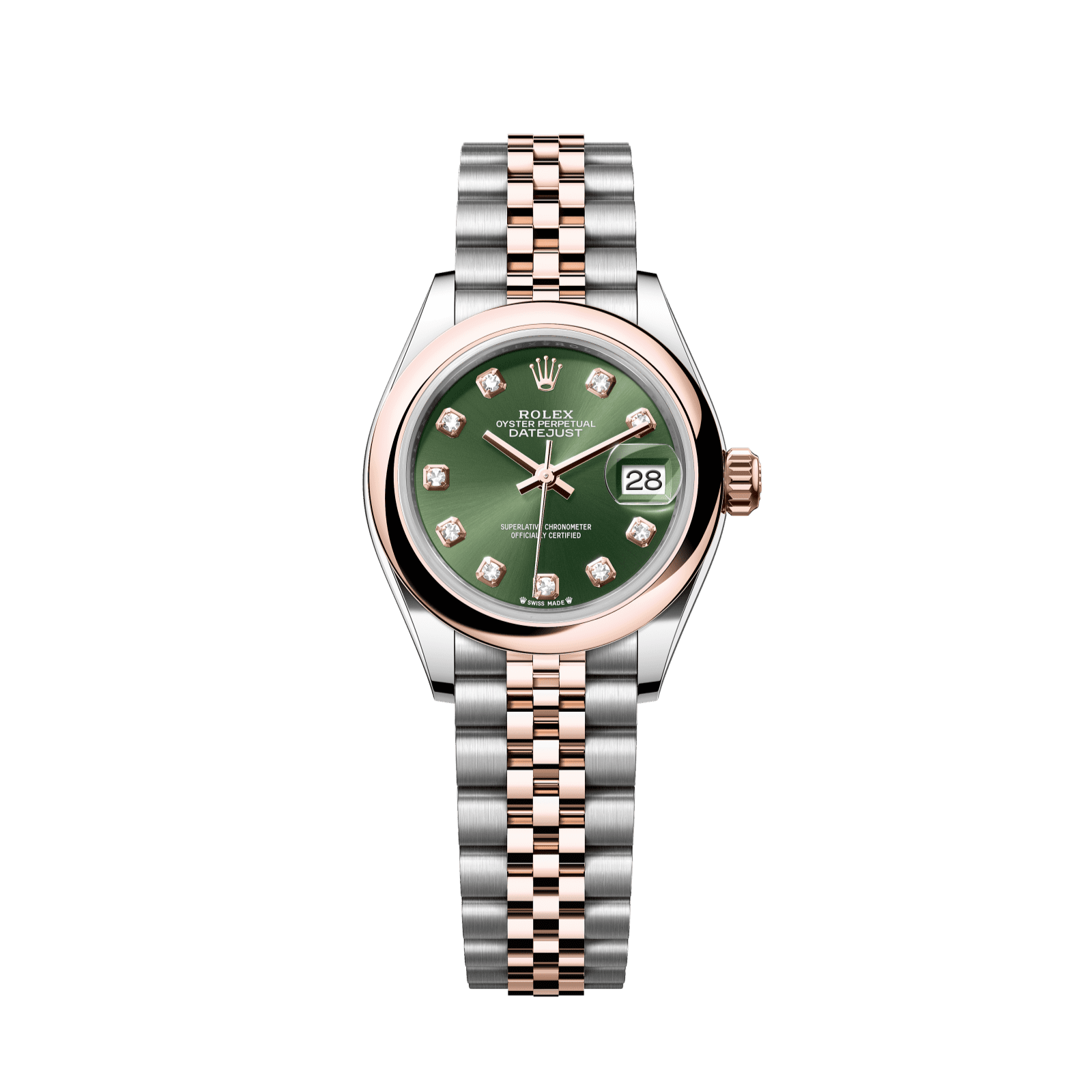 Rolex Lady-Datejust 28 mm Olive Green Set With Diamonds Dial Oystersteel and Everose Gold Jubilee Bracelet 279161-0007 - WATCHXNYC