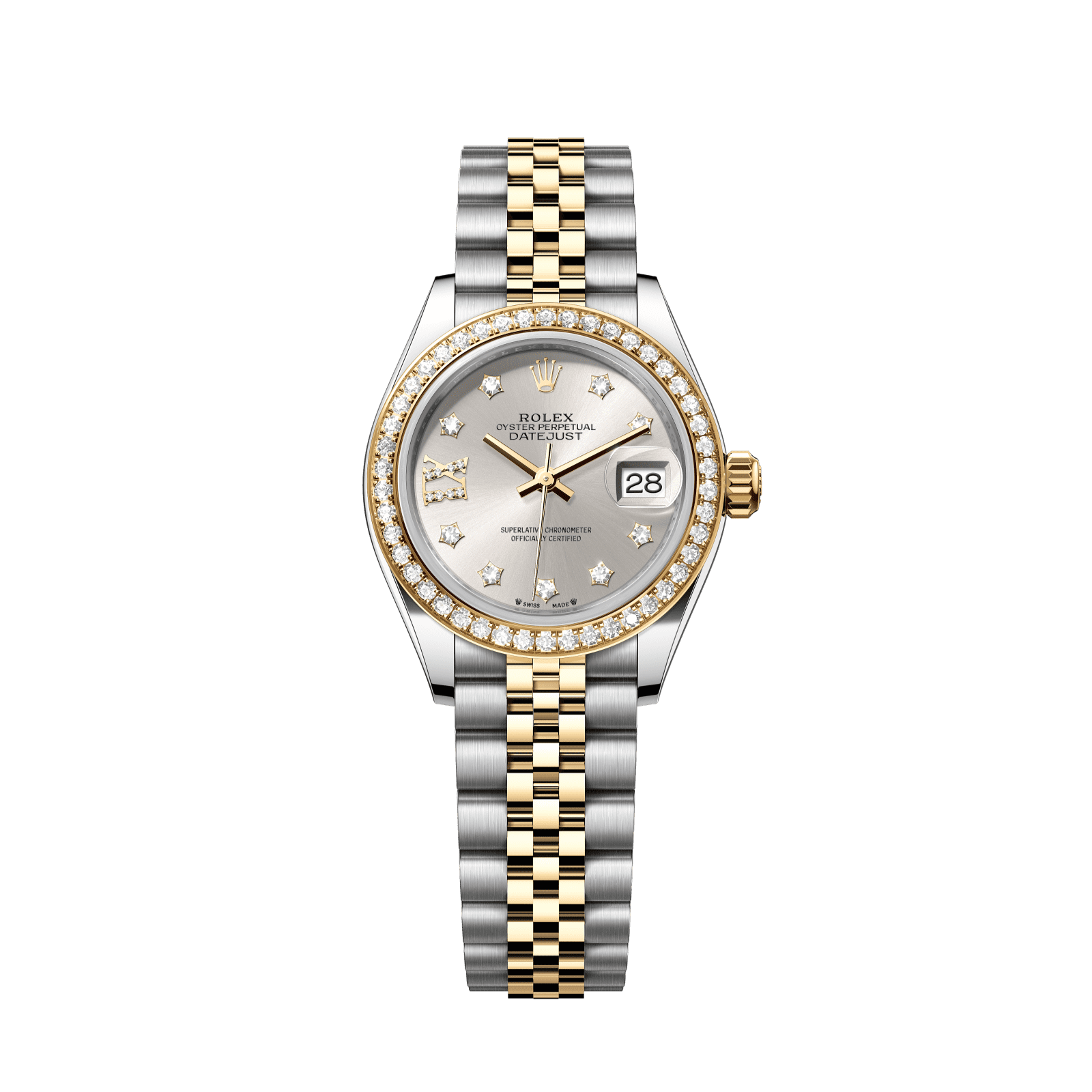 Rolex Lady-Datejust 28 mm Silver Set With Diamonds Dial Oystersteel and 18k Yellow Gold Jubilee Bracelet 279383rbr-0003 - WATCHXNYC