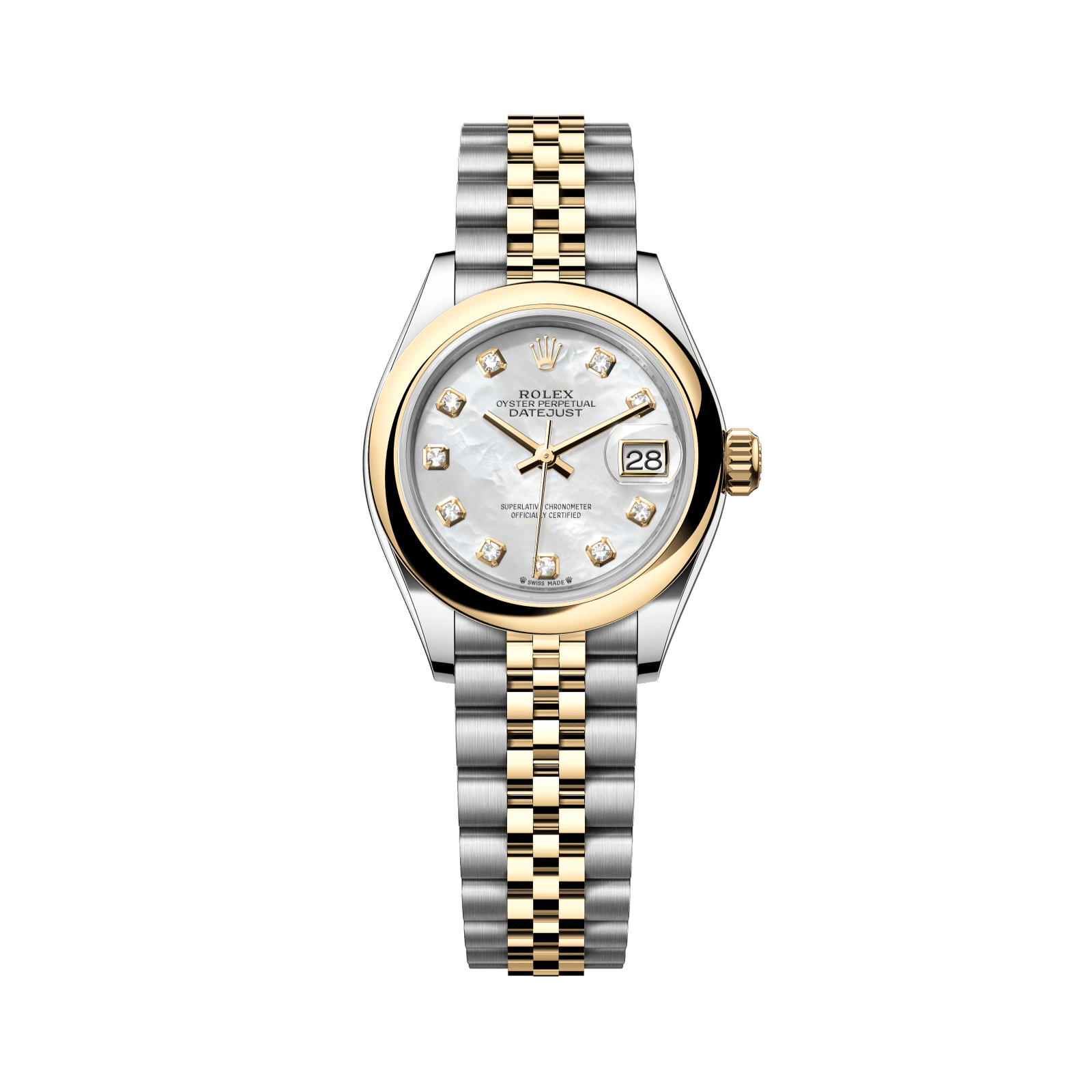 Rolex Lady-Datejust 28 mm White Mother-Of-Pearl Set With Diamonds Dial Oystersteel and 18k Yellow Gold Jubilee Bracelet 279163-0013 - WATCHXNYC