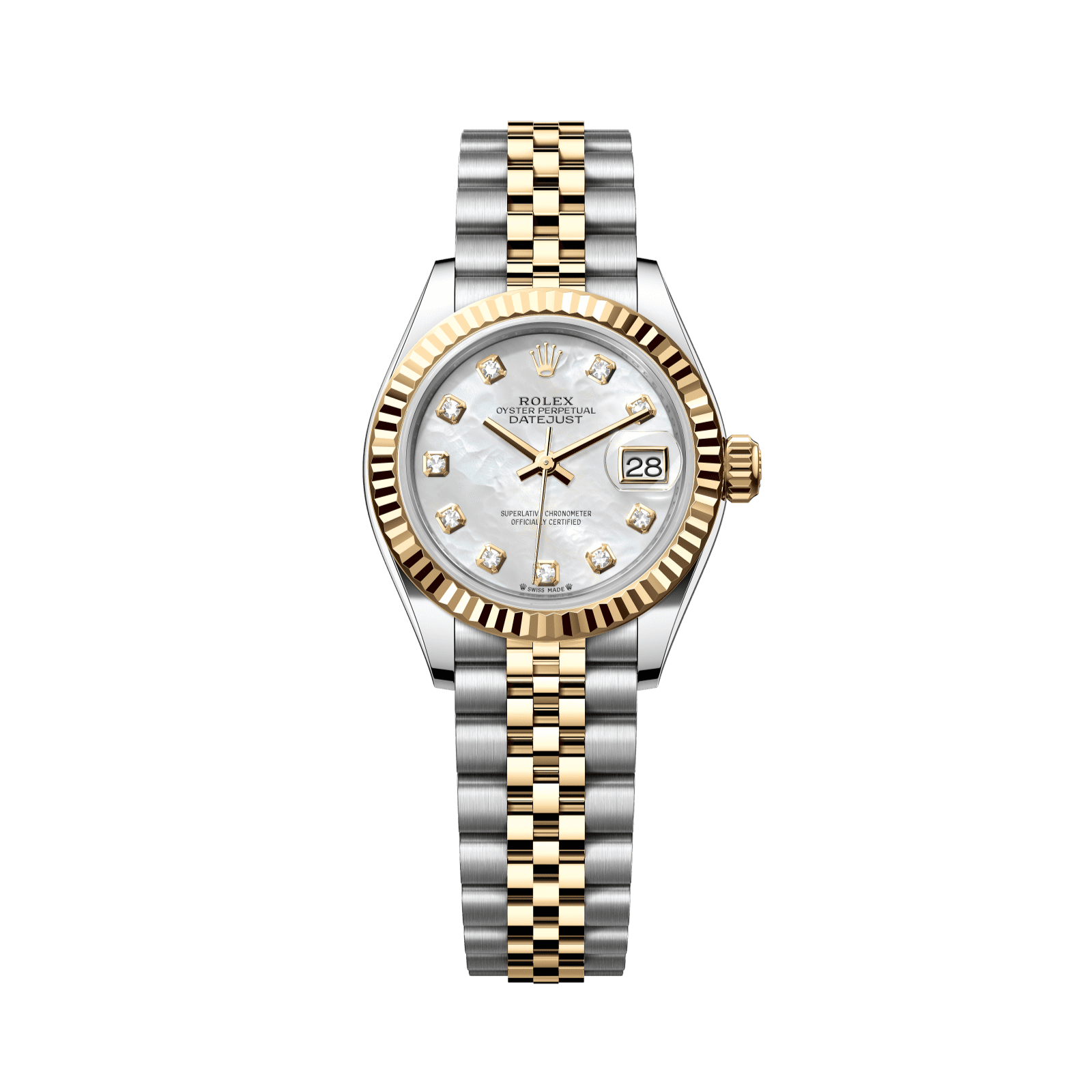 Rolex Lady-Datejust 28 mm White Mother-Of-Pearl Set With Diamonds Dial Oystersteel and 18k Yellow Gold Jubilee Bracelet 279173-0013 - WATCHXNYC