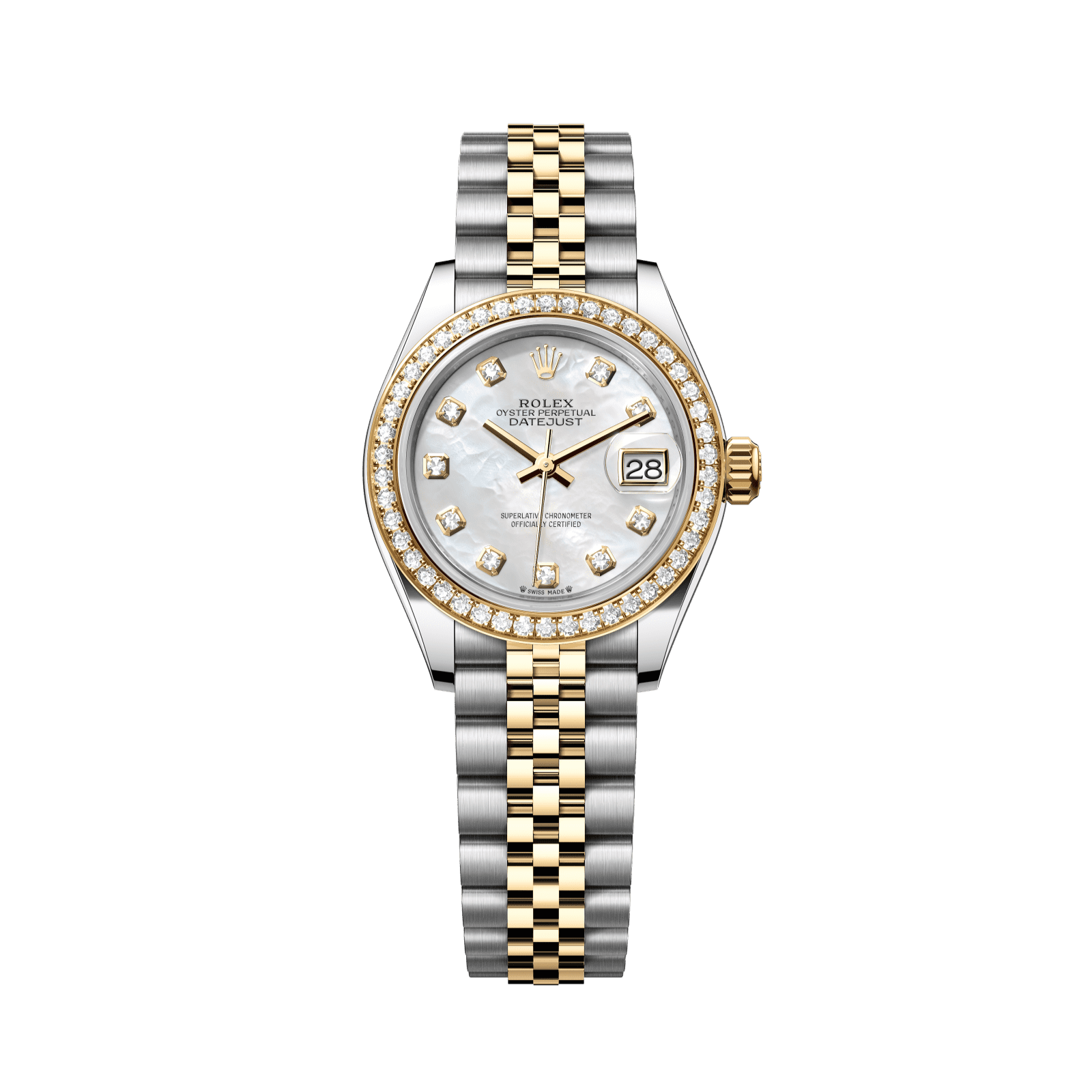 Rolex Lady-Datejust 28 mm White Mother-Of-Pearl Set With Diamonds Dial Oystersteel and 18k Yellow Gold Jubilee Bracelet 279383rbr-0019 - WATCHXNYC