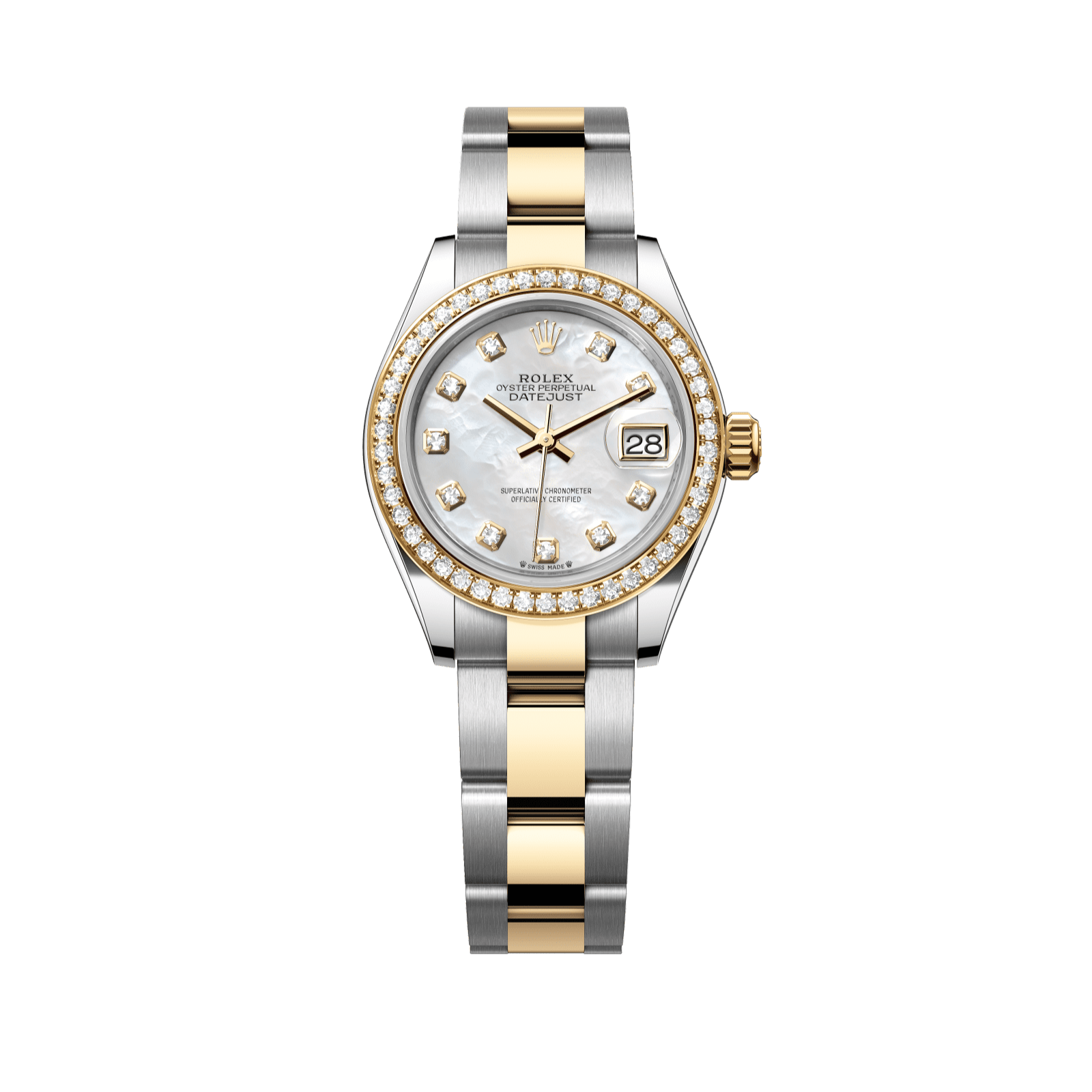Rolex Lady-Datejust 28 mm White Mother-Of-Pearl Set With Diamonds Dial Oystersteel and 18k Yellow Gold Oyster Bracelet 279383rbr-0020 - WATCHXNYC
