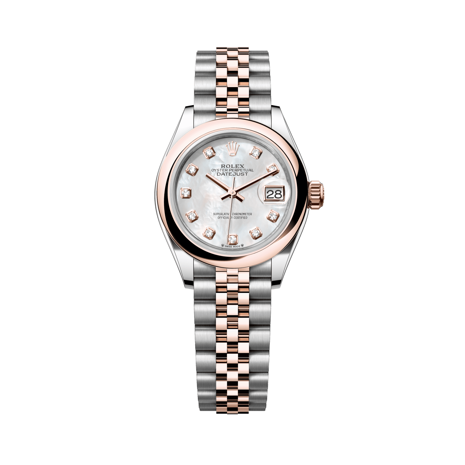 Rolex Lady-Datejust 28 mm White Mother-Of-Pearl Set With Diamonds Dial Oystersteel and Everose Gold Jubilee Bracelet 279161-0013 - WATCHXNYC