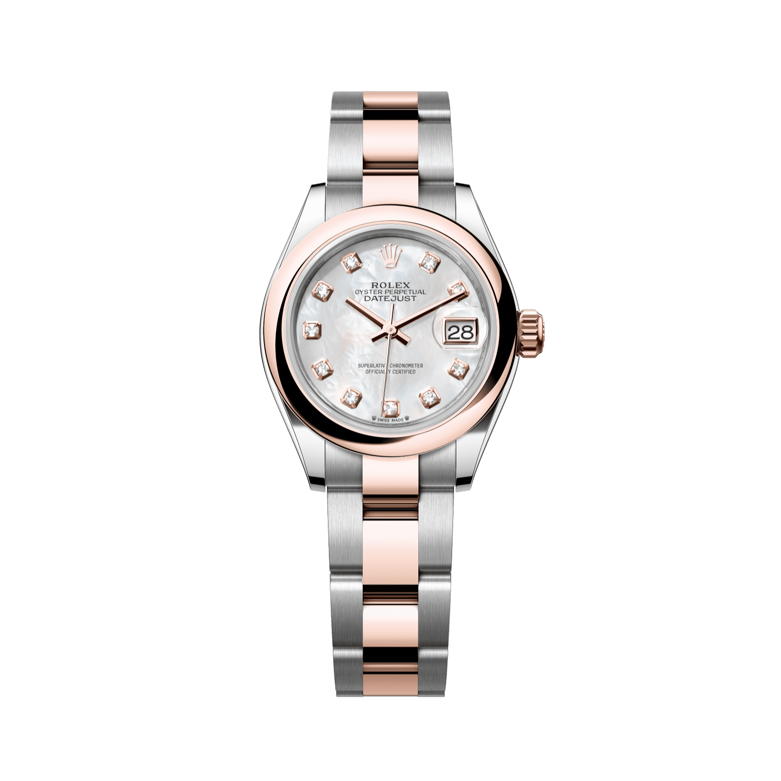 Rolex Lady-Datejust 28 mm White Mother-Of-Pearl Set With Diamonds Dial Oystersteel and Everose Gold Oyster Bracelet 279161-0014 - WATCHXNYC
