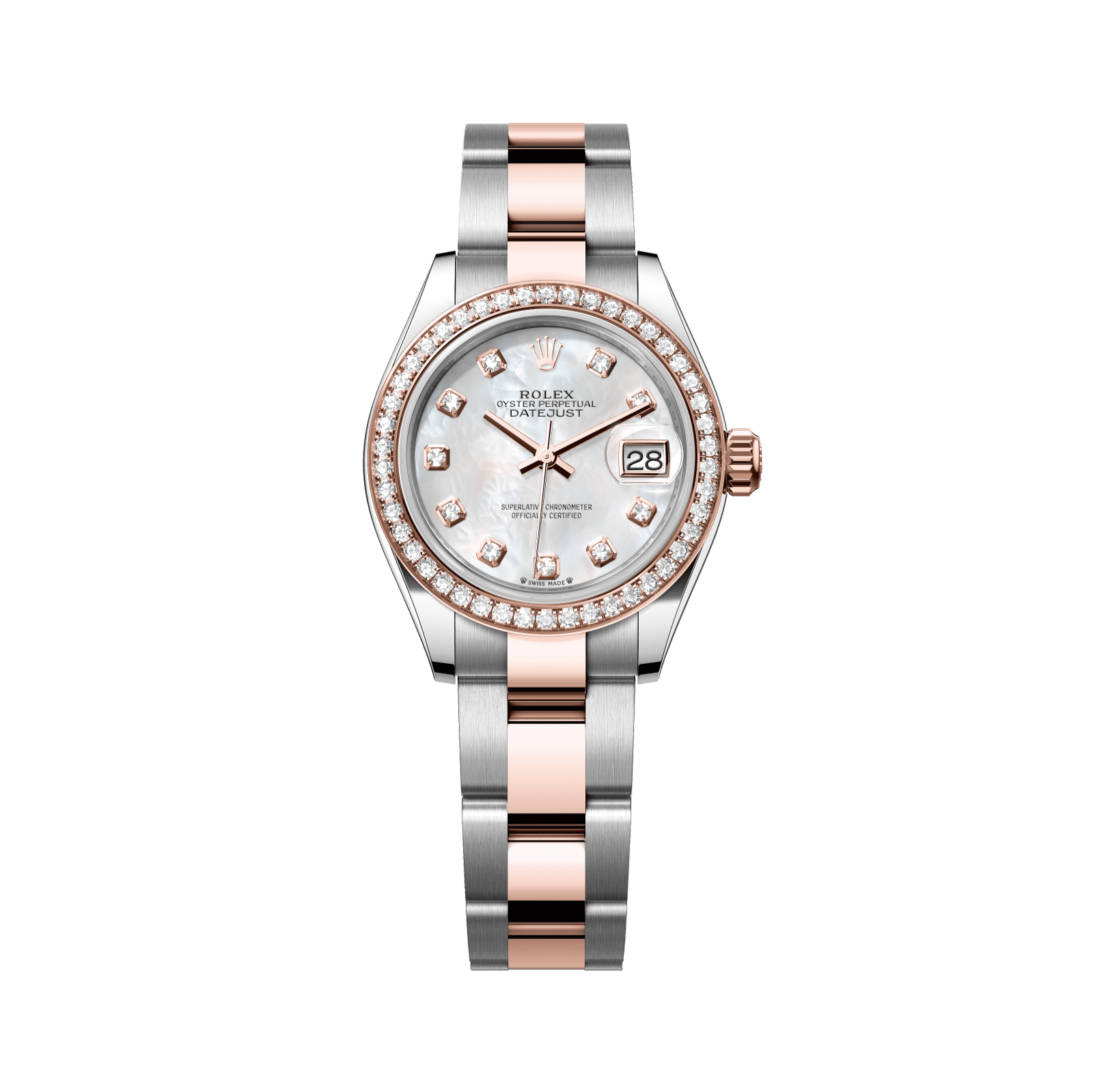 Rolex Lady-Datejust 28 mm White Mother-Of-Pearl Set With Diamonds Dial Oystersteel and Everose Gold Oyster Bracelet 279381rbr-0014 - WATCHXNYC