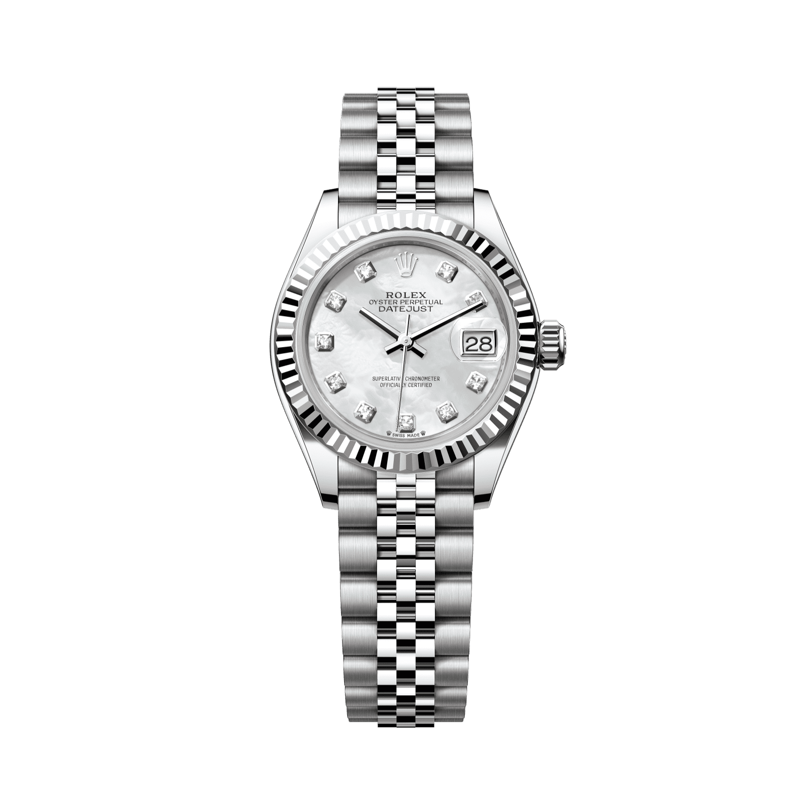 Rolex Lady-Datejust 28 mm White Mother-Of-Pearl Set With Diamonds Dial Oystersteel and White Gold Jubilee Bracelet 279174-0009 - WATCHXNYC