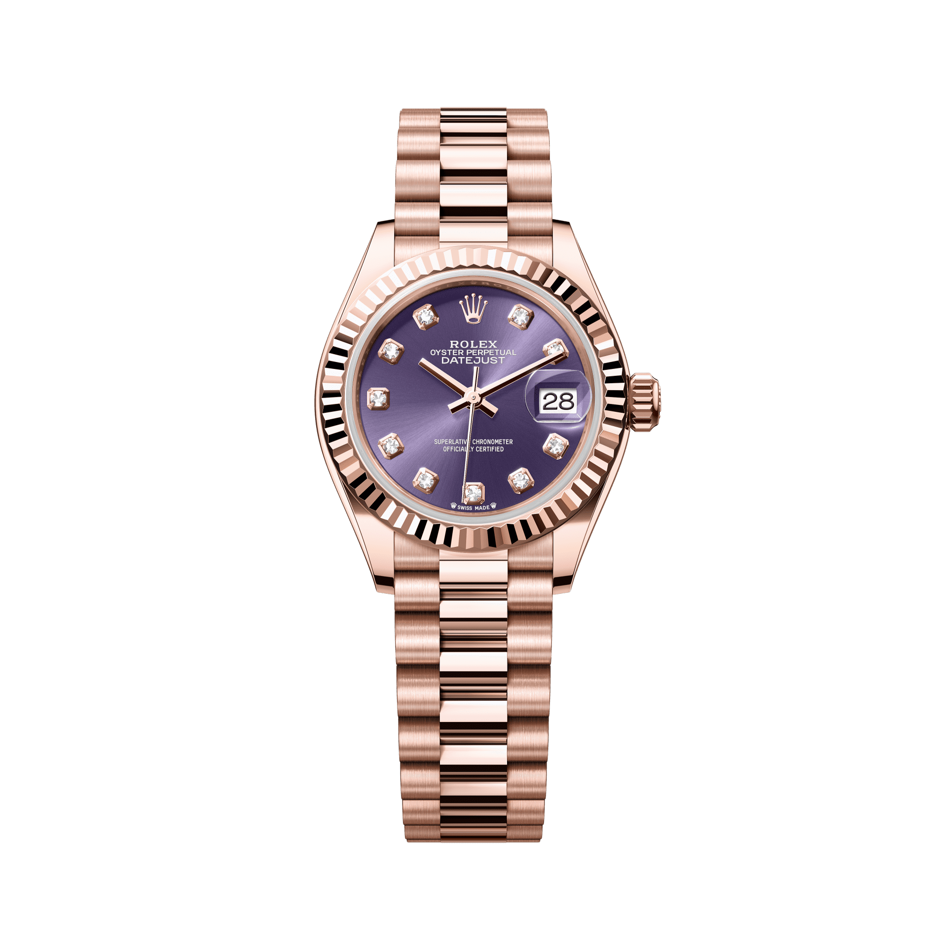 Rolex Oyster 28 mm Aubergine Set With Diamonds Dial 18 kt Everose Gold President, Semi-Circular Three-Piece Links 279175-0019 - WATCHXNYC
