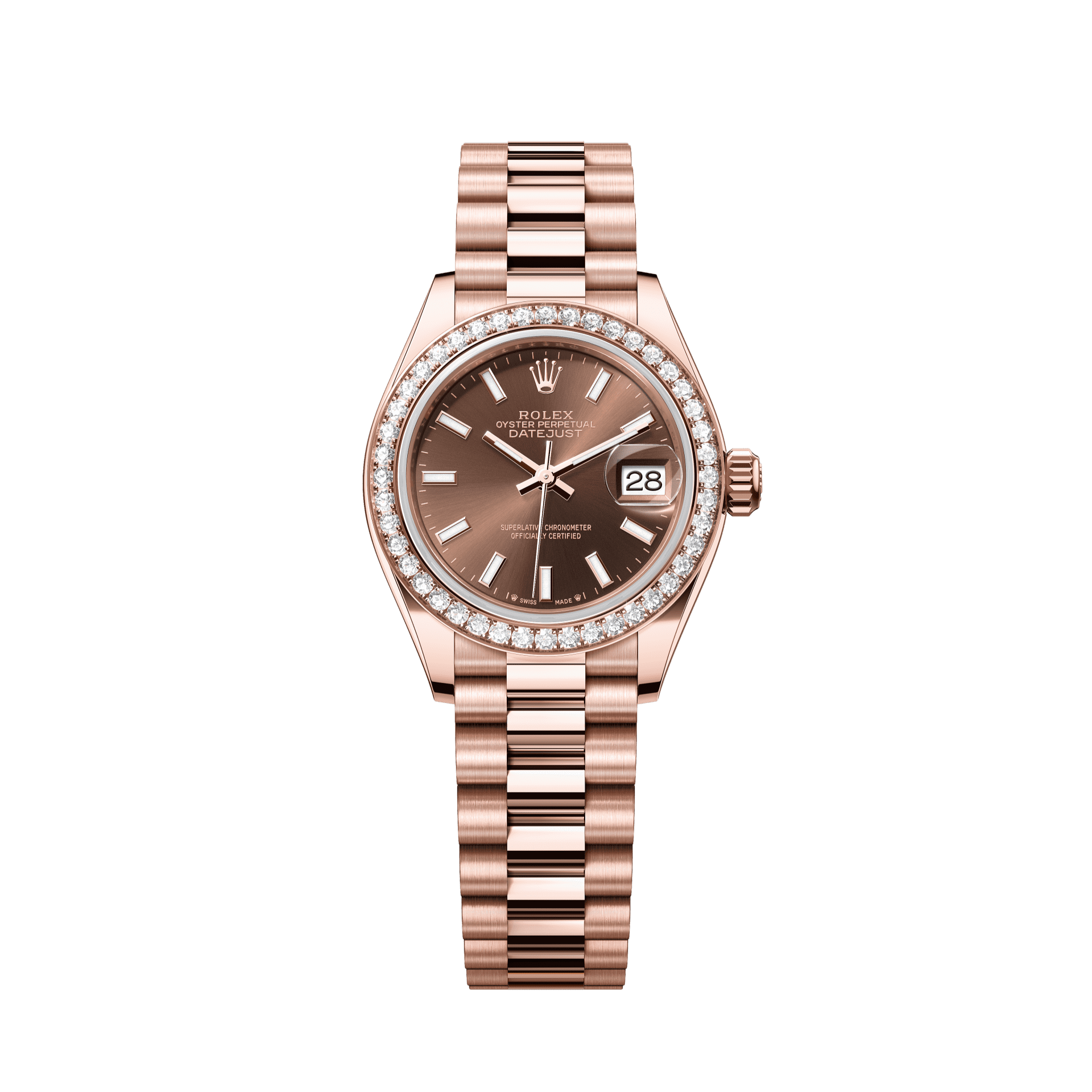 Rolex Oyster 28 mm Chocolate Dial 18 kt Everose Gold President, Semi-Circular Three-Piece Links 279135rbr-0005 - WATCHXNYC
