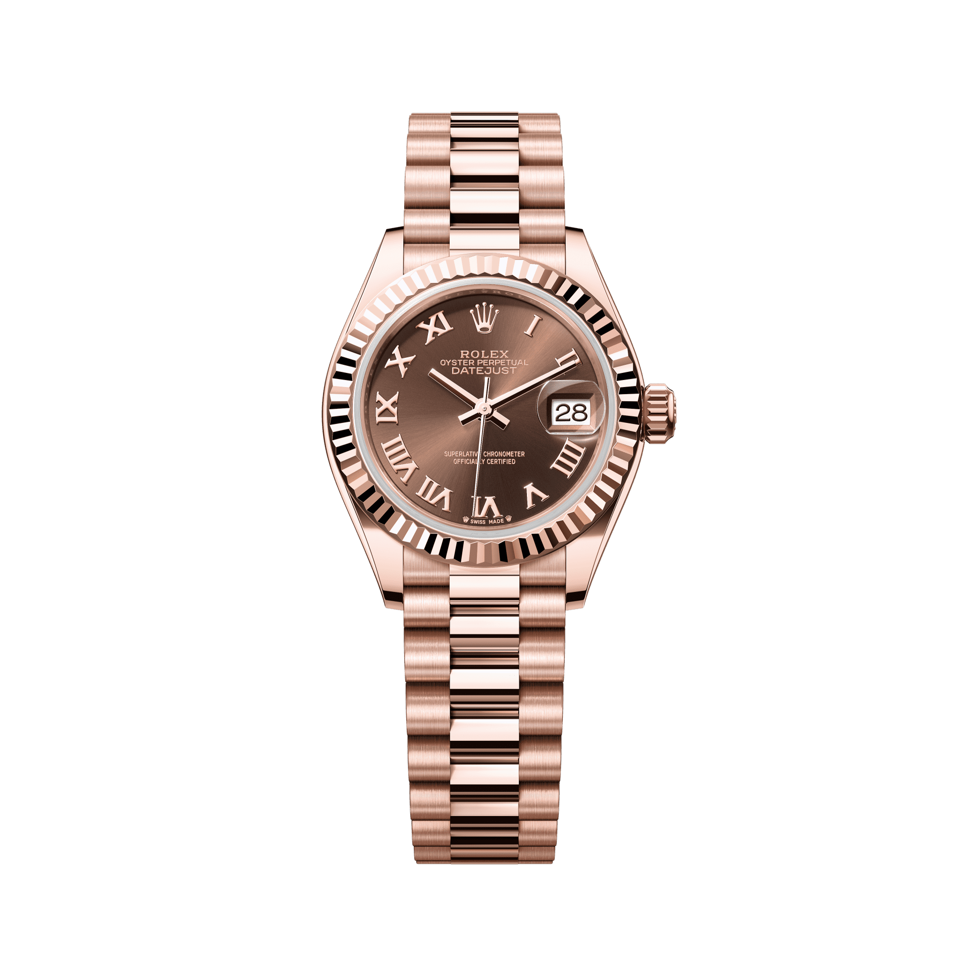 Rolex Oyster 28 mm Chocolate Dial 18 kt Everose Gold President, Semi-Circular Three-Piece Links 279175-0014 - WATCHXNYC